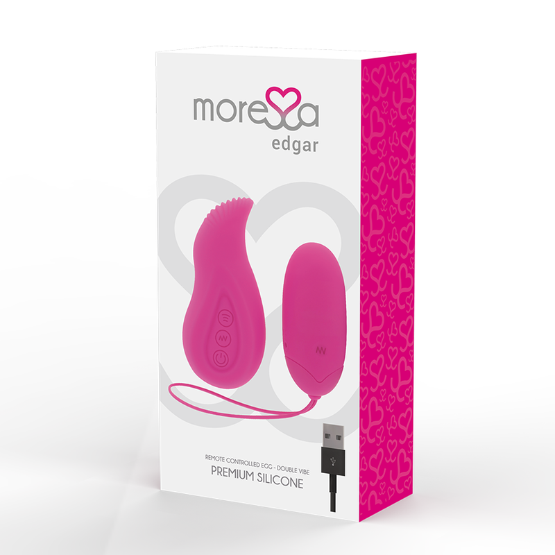 Empaque de producto blanco y rosa para el vibrador Moresa Edgar con cable USB incluido.
