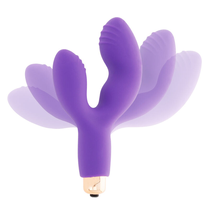 Un dispositivo de bienestar morado en forma de Y con base de oro rosa y efectos de movimiento.