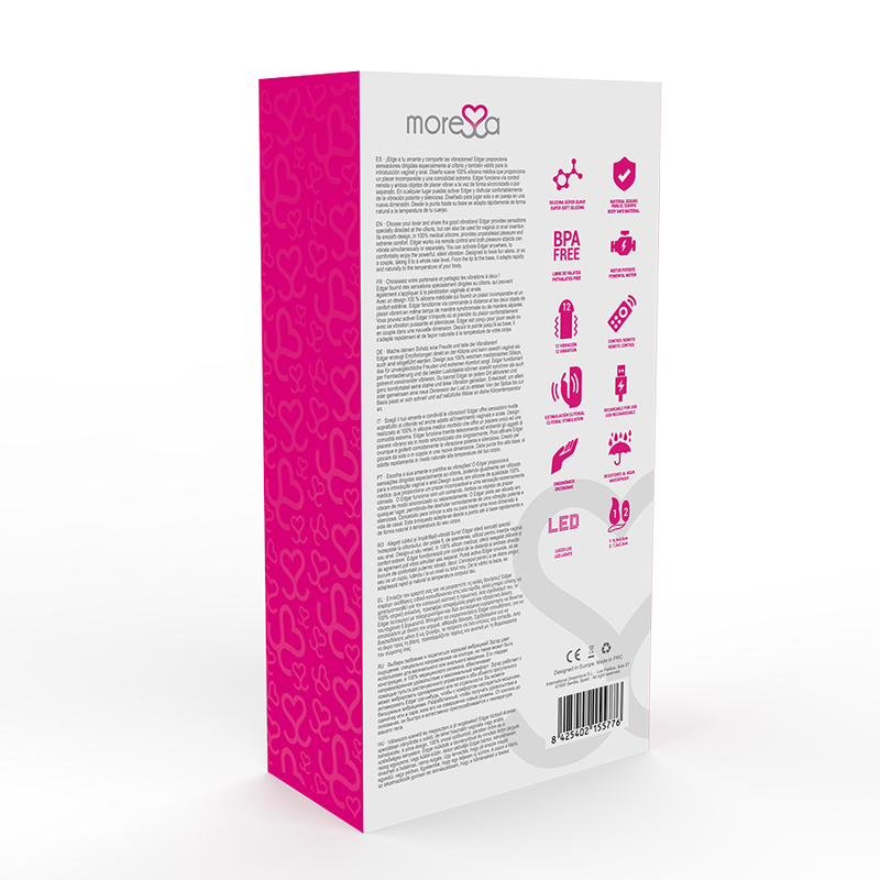 Parte trasera de una caja rosa y blanca de Moresa con texto multilingüe, iconos, código de barras y marcado CE.