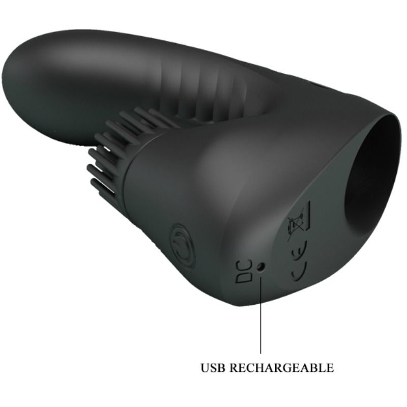 Ein schwarzes, ergonomisches USB-wiederaufladbares Gerät mit gerippter Textur und runder Spitze auf weißem Grund.