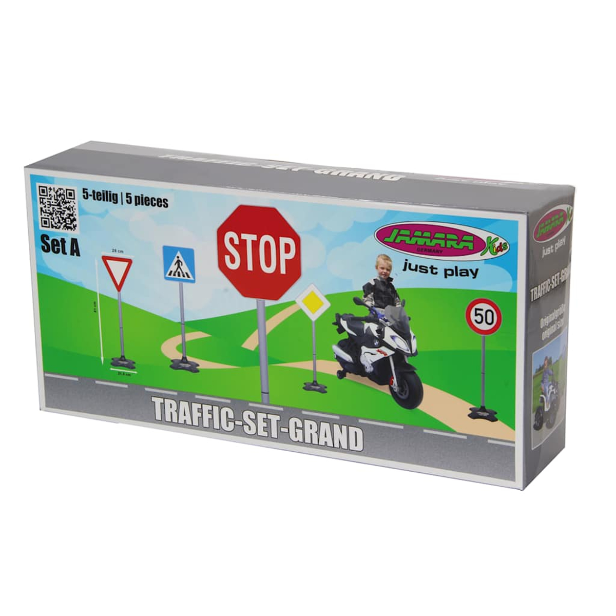 Jamara Traffic-Set-Grand Karton mit Spielzeug-Verkehrsschildern und einem Kind auf einem Spielzeugmotorrad.
