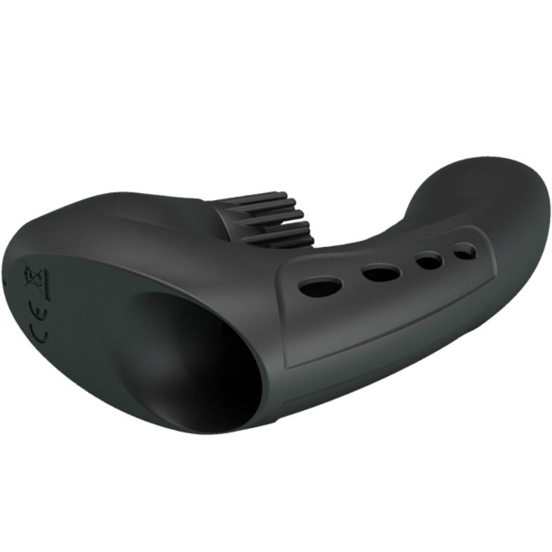 Ein schwarzes, ergonomisches Sexspielzeug mit strukturierter Oberfläche, geschwungenem Körper und Belüftungslöchern.