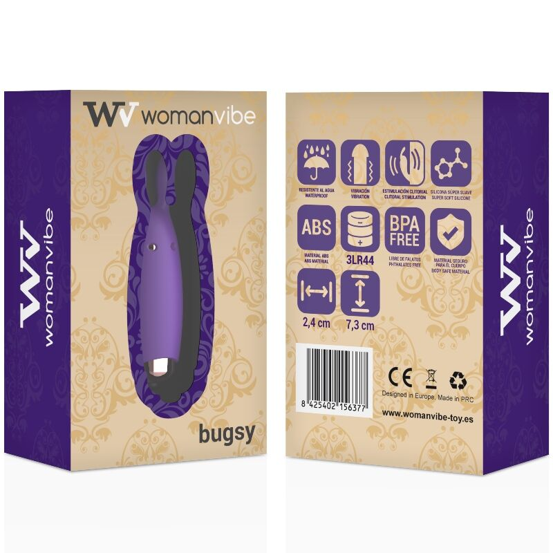Embalaje de producto morado con imagen e iconos de características.