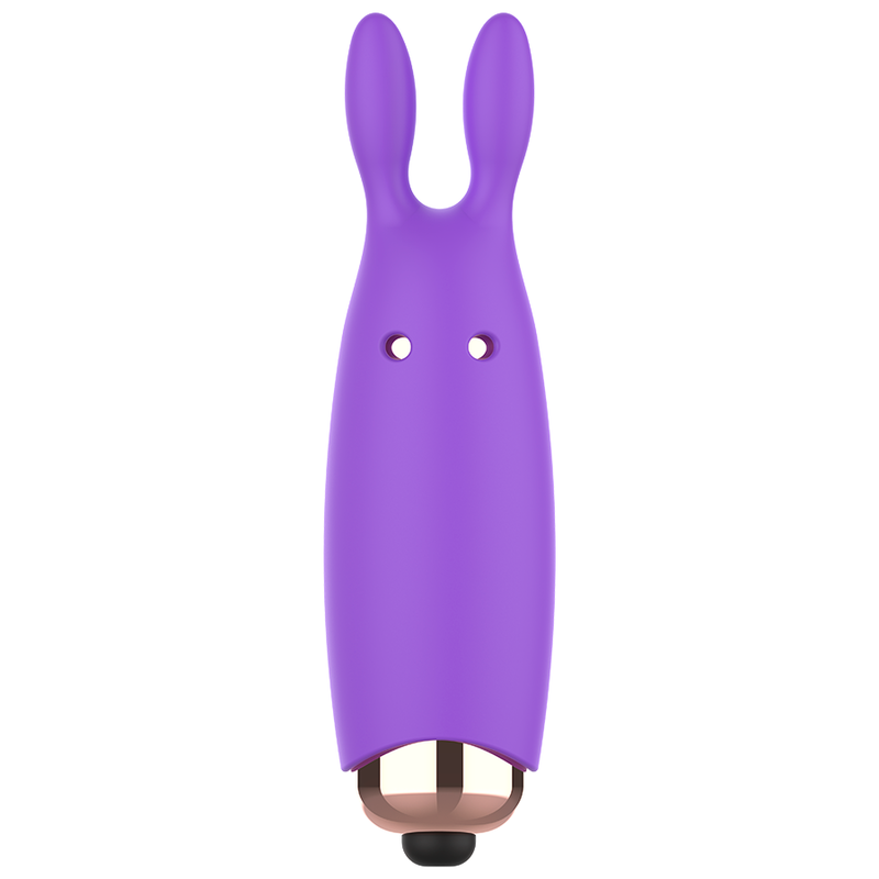 Un vibrador de silicona morado en forma de conejo con dos orejas largas, dos agujeros pequeños y base metálica.