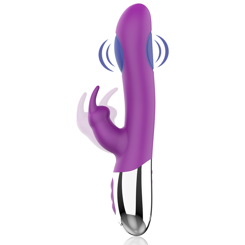 Un vibrador morado y plateado con botones azules y gráficos de movimiento.