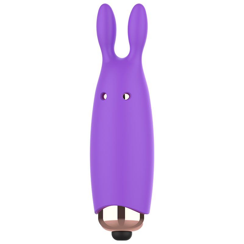 Un vibrador morado de silicona con forma de conejo, orejas redondeadas y base dorada sobre fondo blanco.