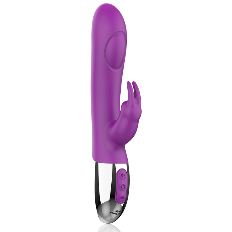 Un vibrador conejito morado con base plateada y botones de control sobre fondo blanco.