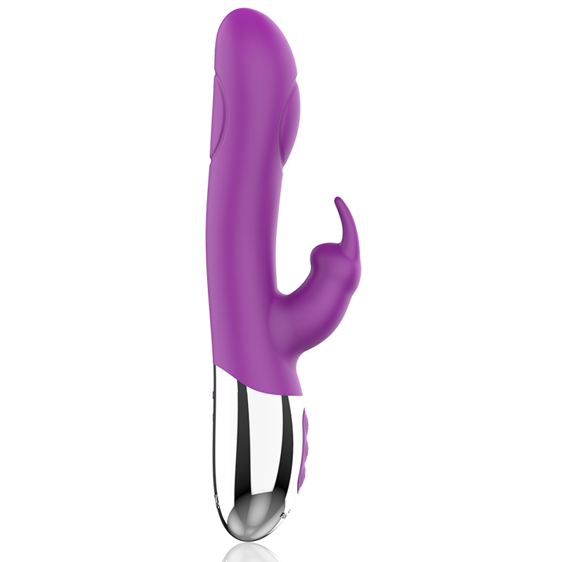 Un vibrador morado con base metálica plateada sobre fondo blanco.