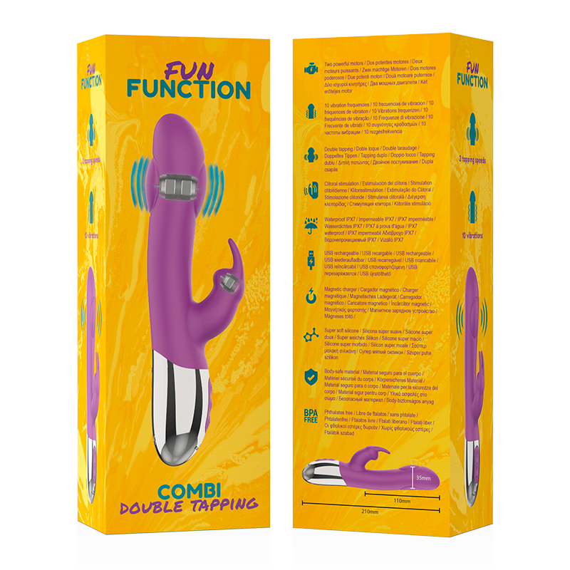 Empaque amarillo para un juguete sexual morado de doble toque con características en el reverso.