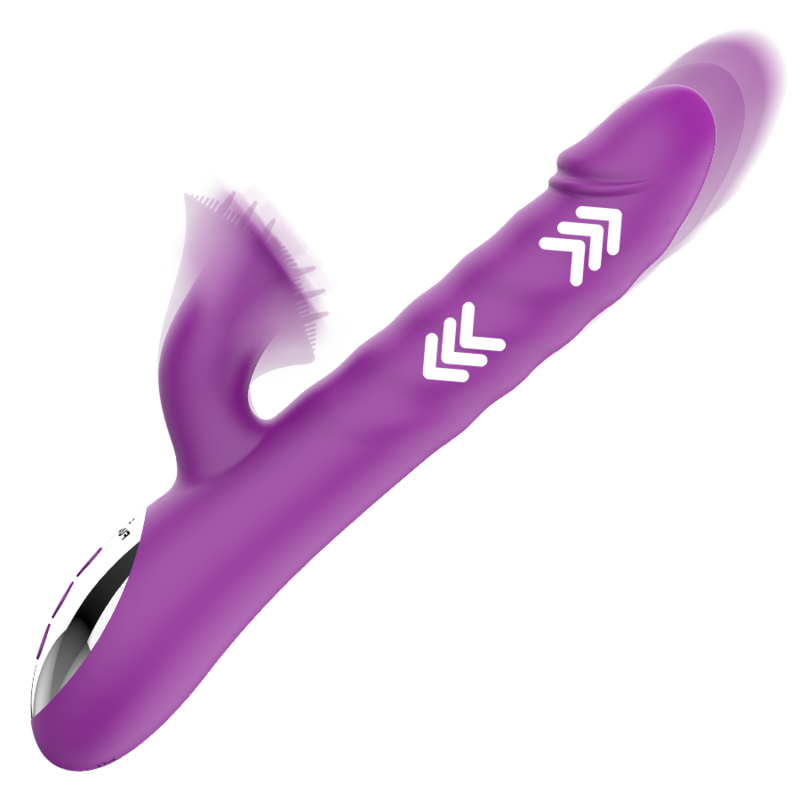 Dispositivo de bienestar vibratorio morado con partes móviles y marcas de dirección blancas.