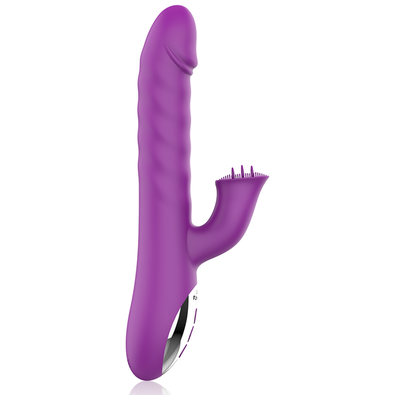 Un vibrador de silicona morado con un eje principal estriado y un brazo más pequeño con cerdas.