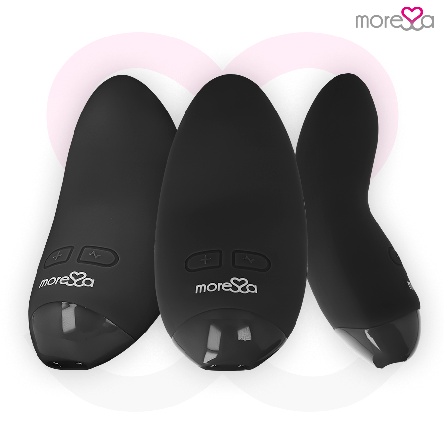 Drei schwarze ergonomische Geräte mit Tasten und durchsichtigen Spitzen vor weiß-rosa Hintergrund.