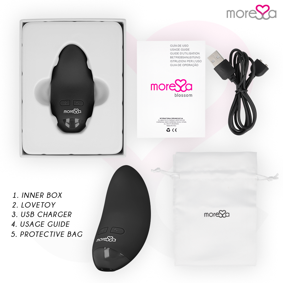 Ein schwarzes Massagegerät, Schachtel, Anleitung, USB-Kabel und Tasche mit nummerierter Liste links.