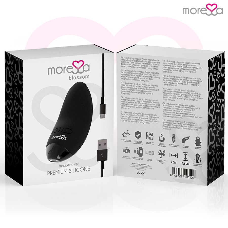 Ein schwarzer Moresa Blossom Vibrator in weiß-schwarzer Produktverpackung mit USB-Ladekabel.