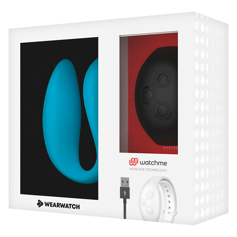 Caja de producto Wearwatch con figura azul, controlador negro, cable USB y reloj blanco.