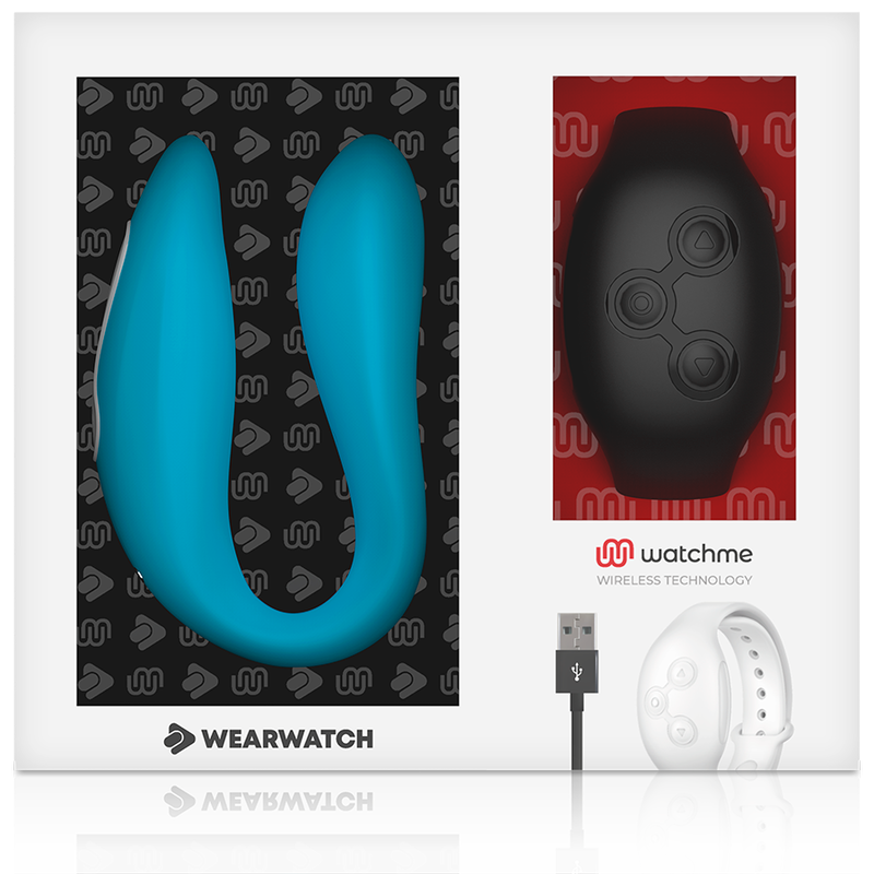 Embalaje de un vibrador Wearwatch azul con control remoto negro y cable USB.