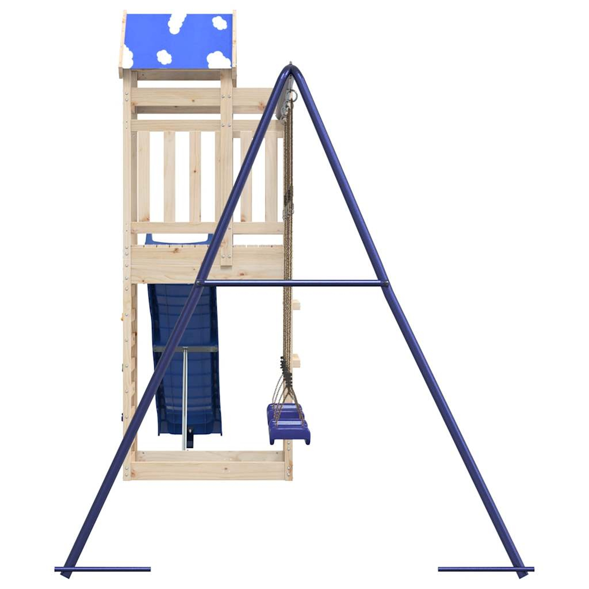 Un parco giochi in legno con scivolo blu, tetto blu e altalena con struttura e sedile blu.