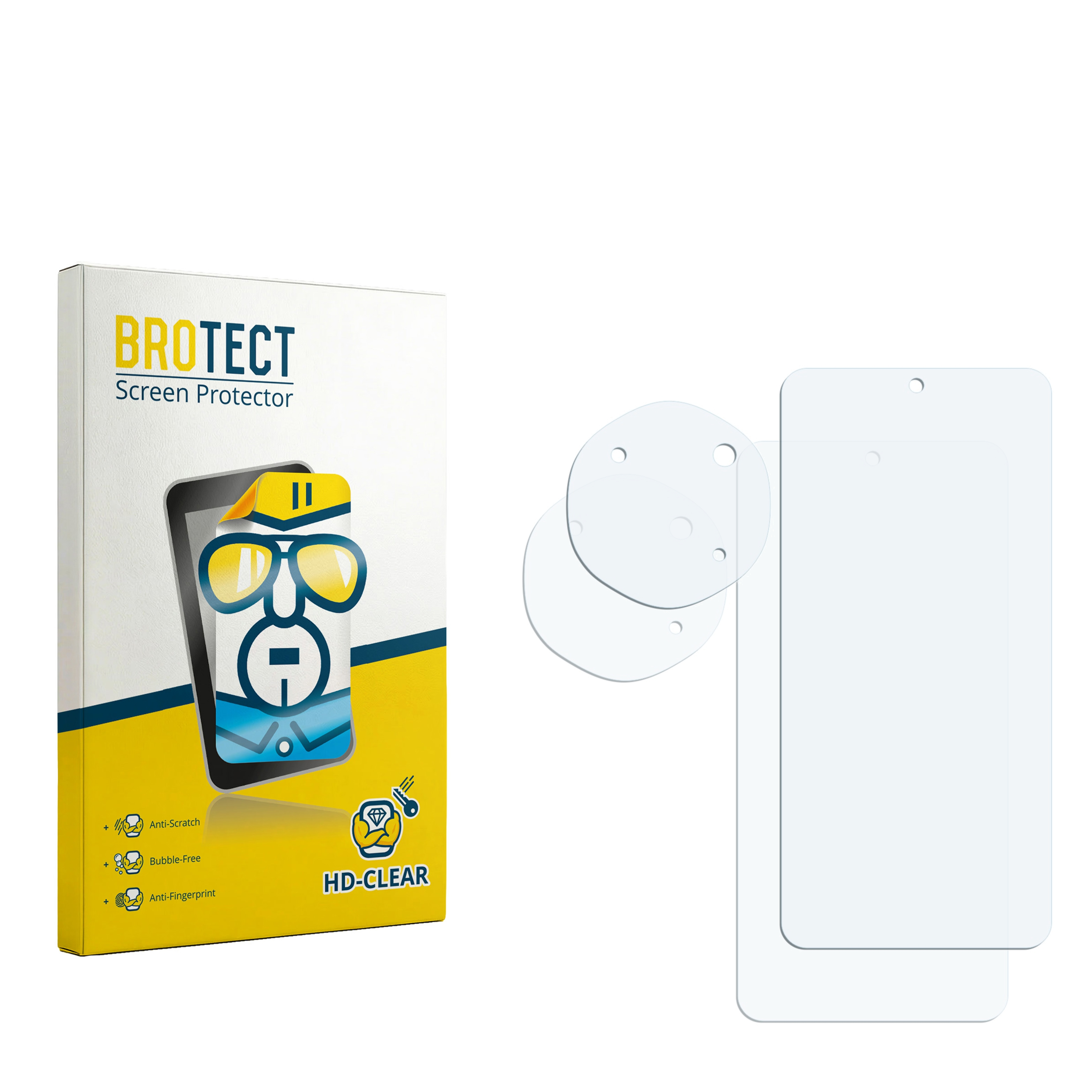 BROTECT Displayschutzfolie mit Verpackung und transparenten Schutzfolien für das Gerät.