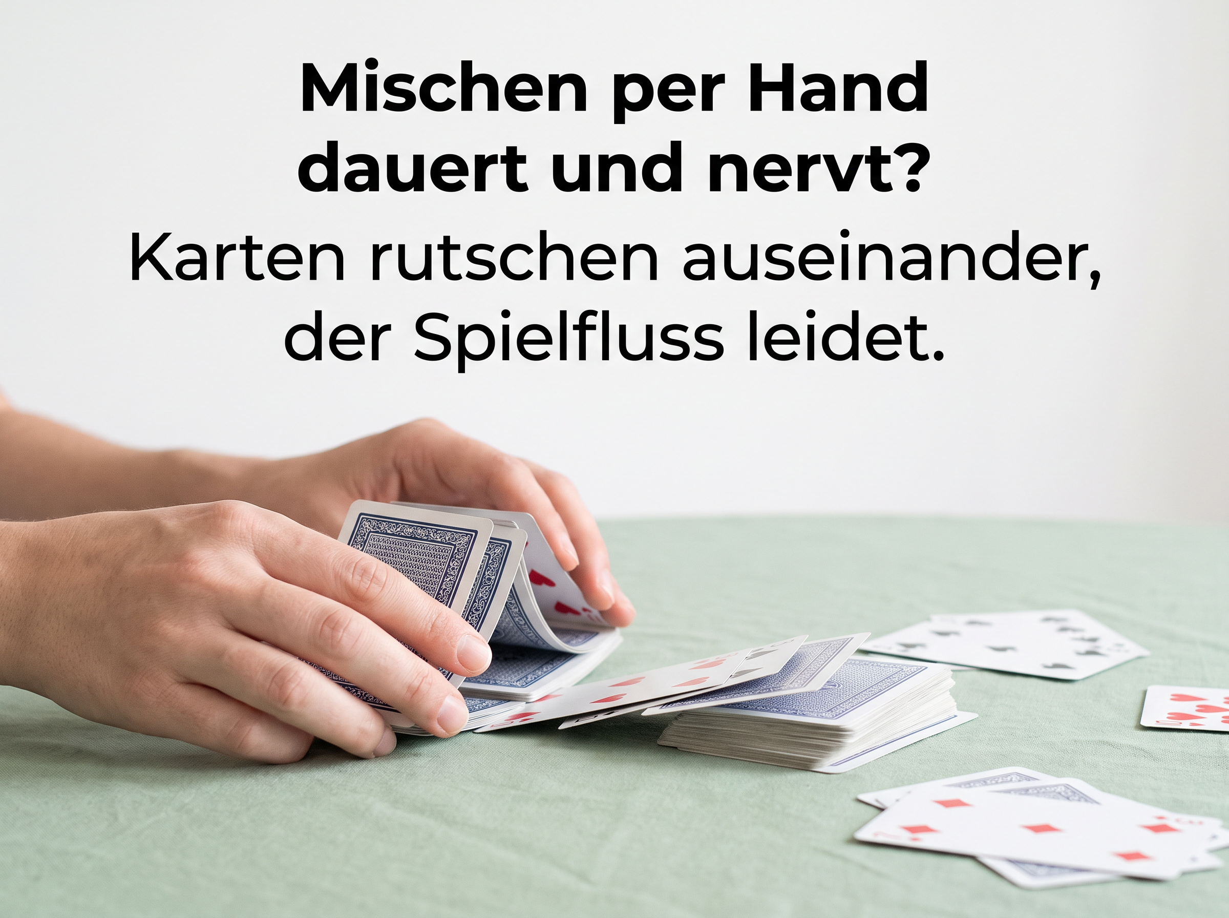 Hände mischen Spielkarten auf einem grünen Tisch, mit deutschem Text oben.