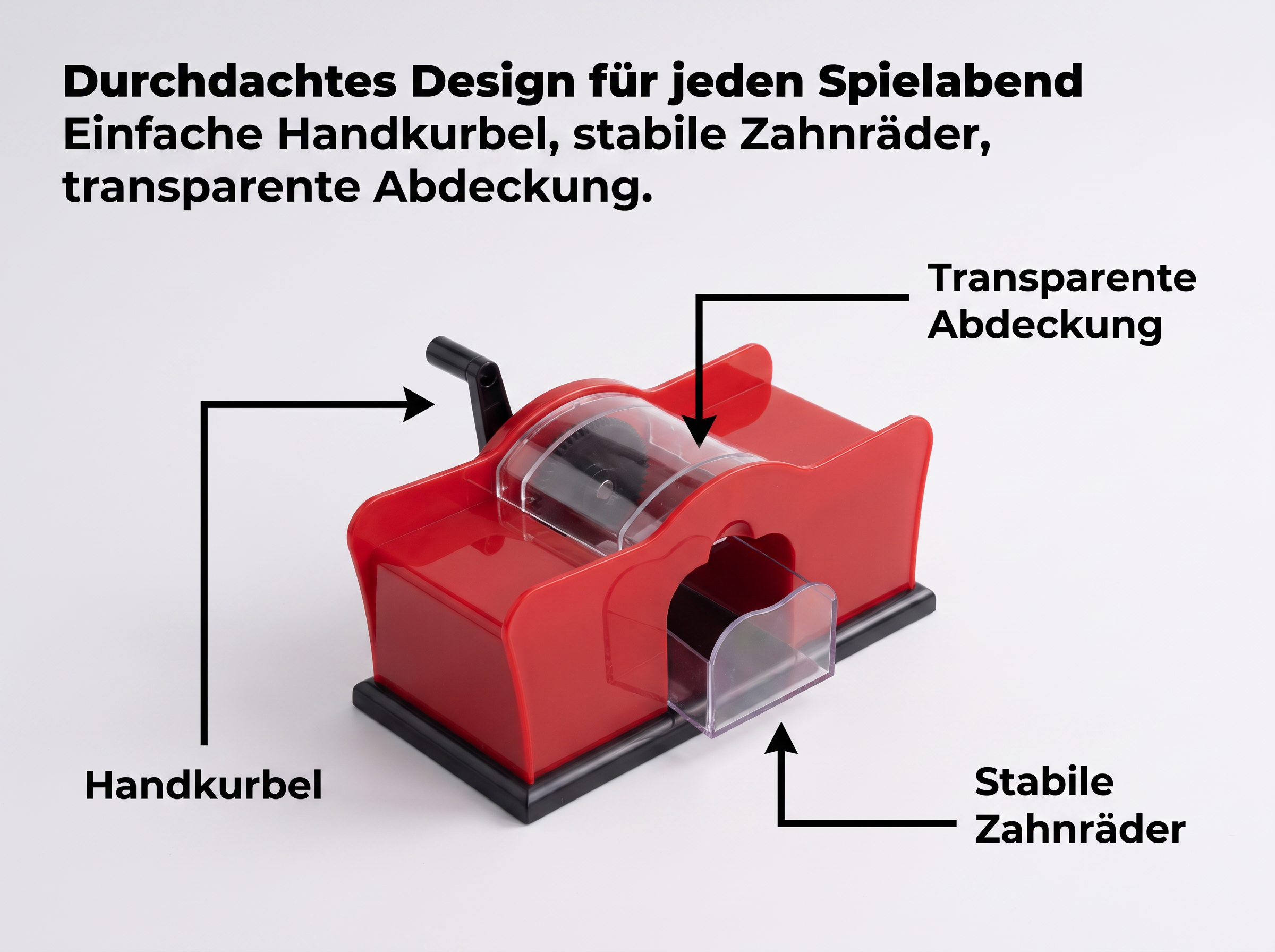 Roter Kunststoff-Glücksradmischer mit Kurbel und deutscher Beschriftung auf weißem Hintergrund.