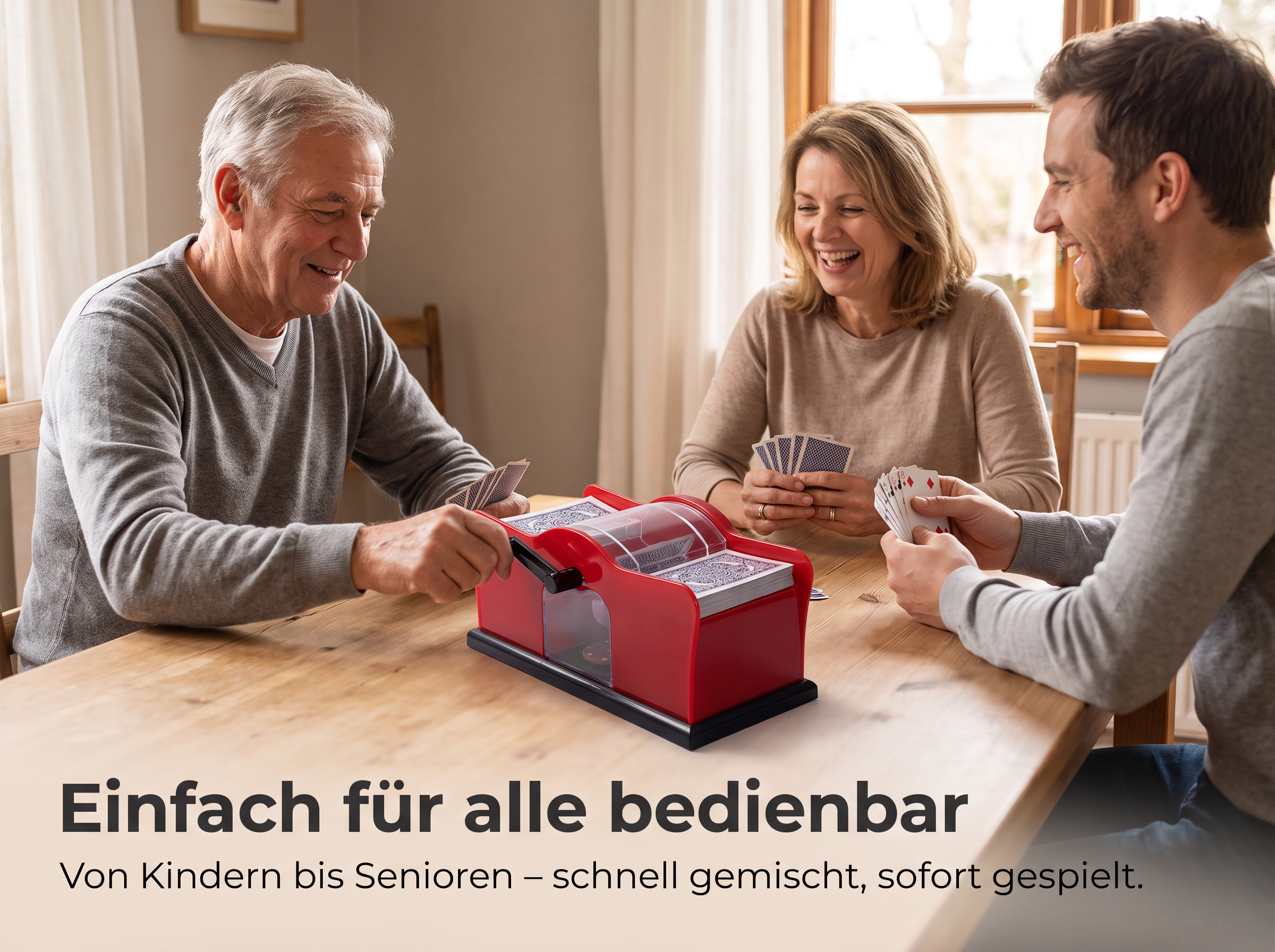 Drei Personen spielen Kartenspiel an einem Tisch und nutzen eine rote Kartenmischmaschine.