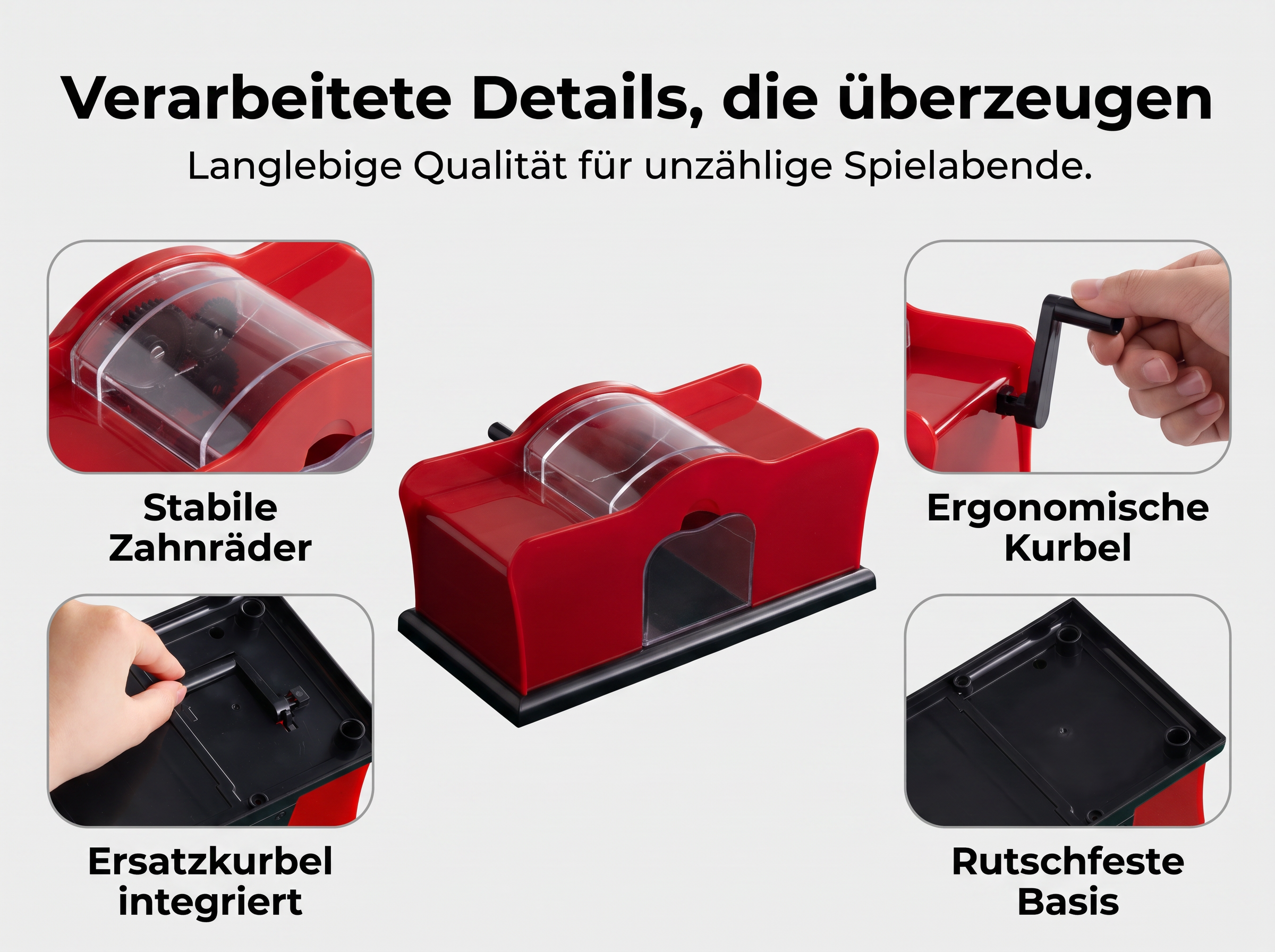 Ein rotes Spielgerät mit vier Detailaufnahmen, die Zahnräder, Kurbel, Ersatzkurbel und Basis zeigen.