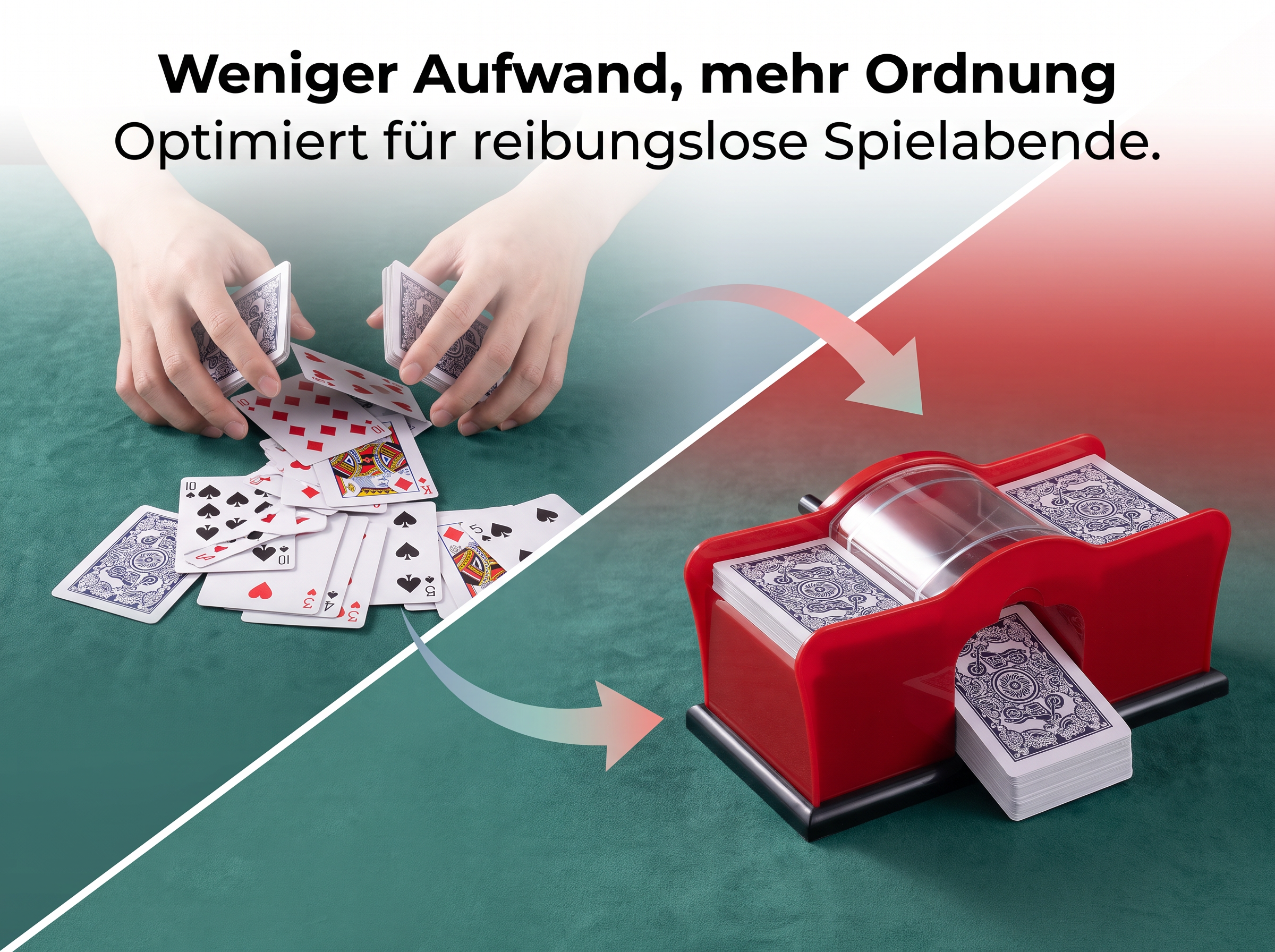 Hände mischen Karten manuell im Vergleich zu einem roten automatischen Mischer auf grünem Filz.
