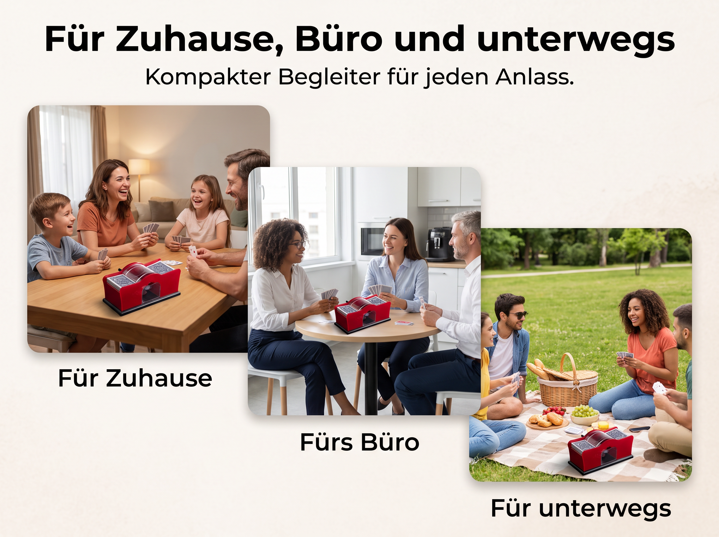 Drei Bilder zeigen Menschen, die zu Hause, im Büro und draußen Kartenspiele mit einem roten Kartenmischer spielen.