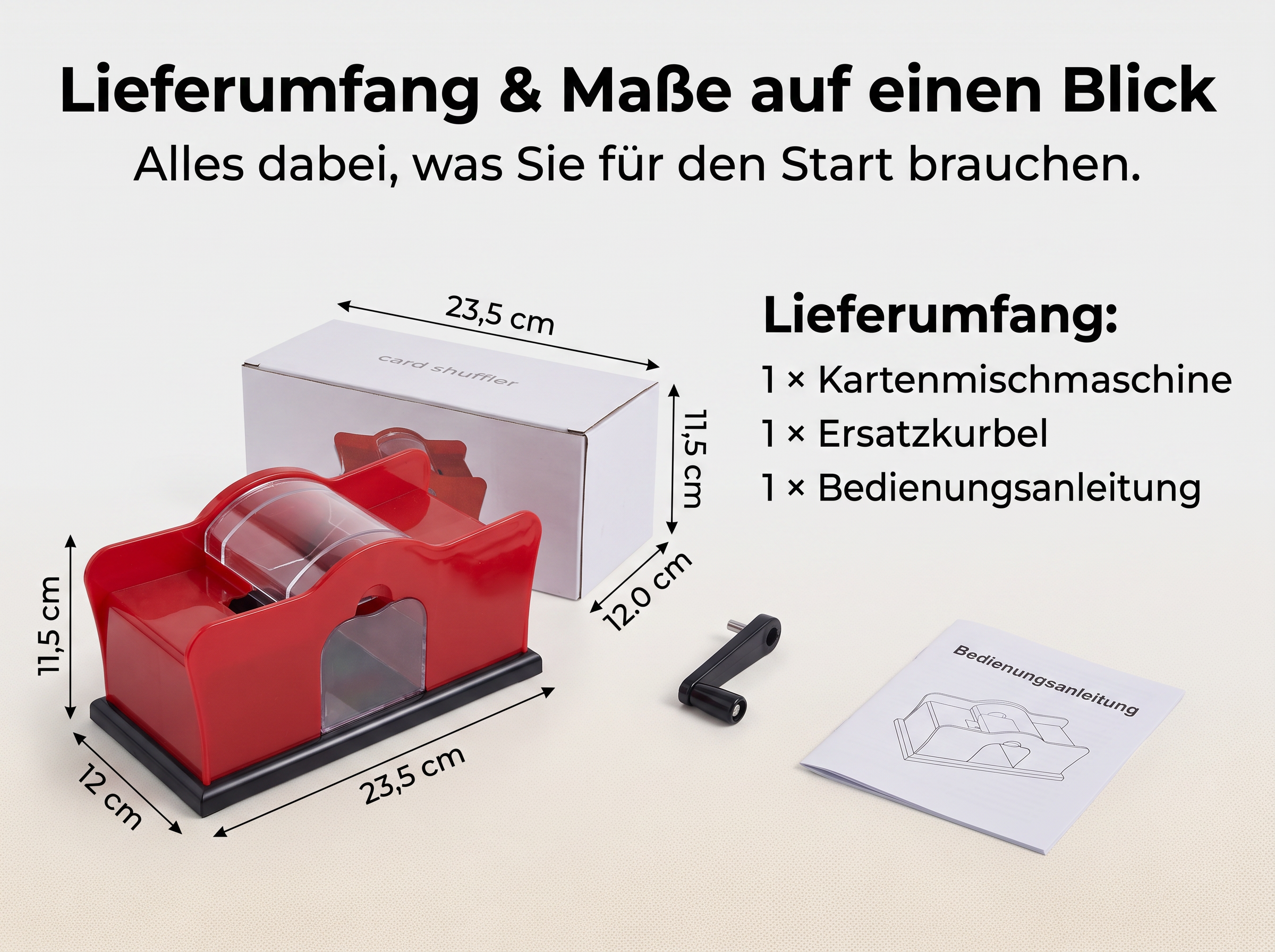 Rote Kartenmischmaschine mit Kurbel, Verpackung, Ersatzkurbel und Anleitung inklusive Maßangaben.