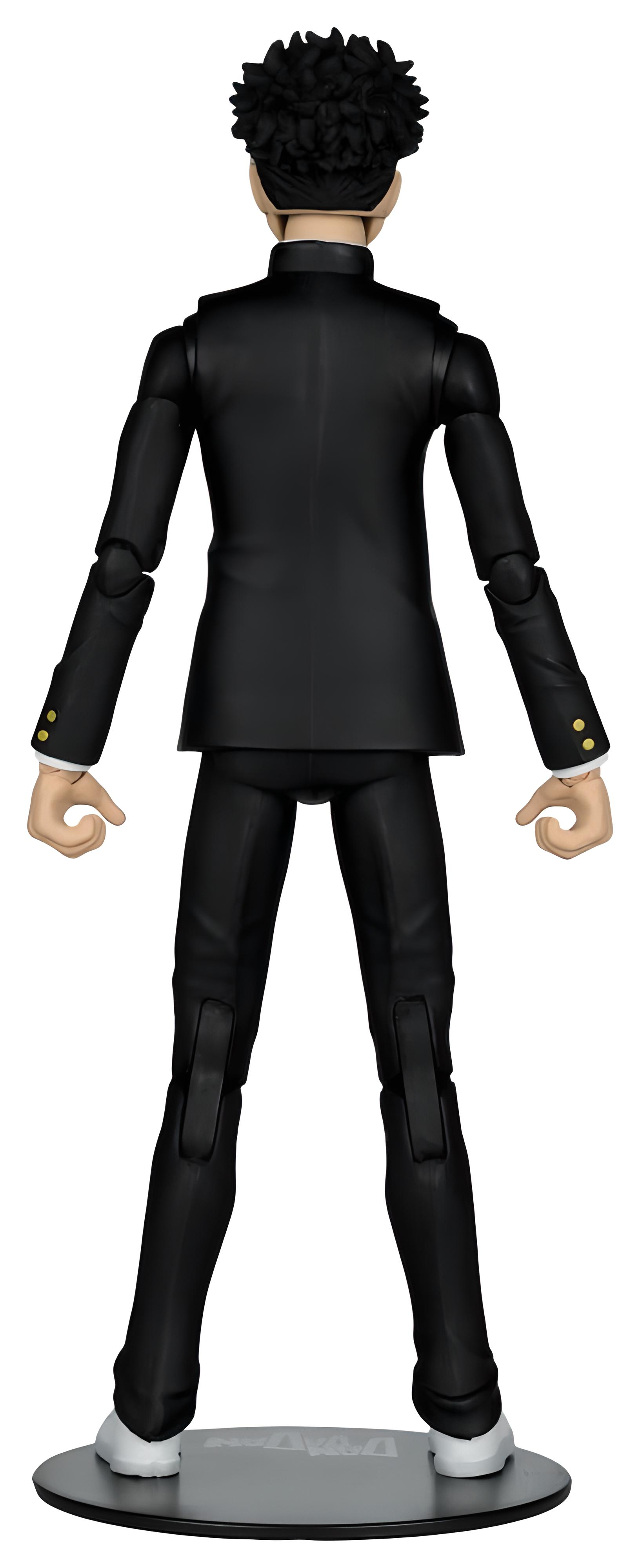 Rückansicht einer Actionfigur in schwarzem Anzug mit weißem Hemd und schwarzen Haaren auf einem runden Ständer.