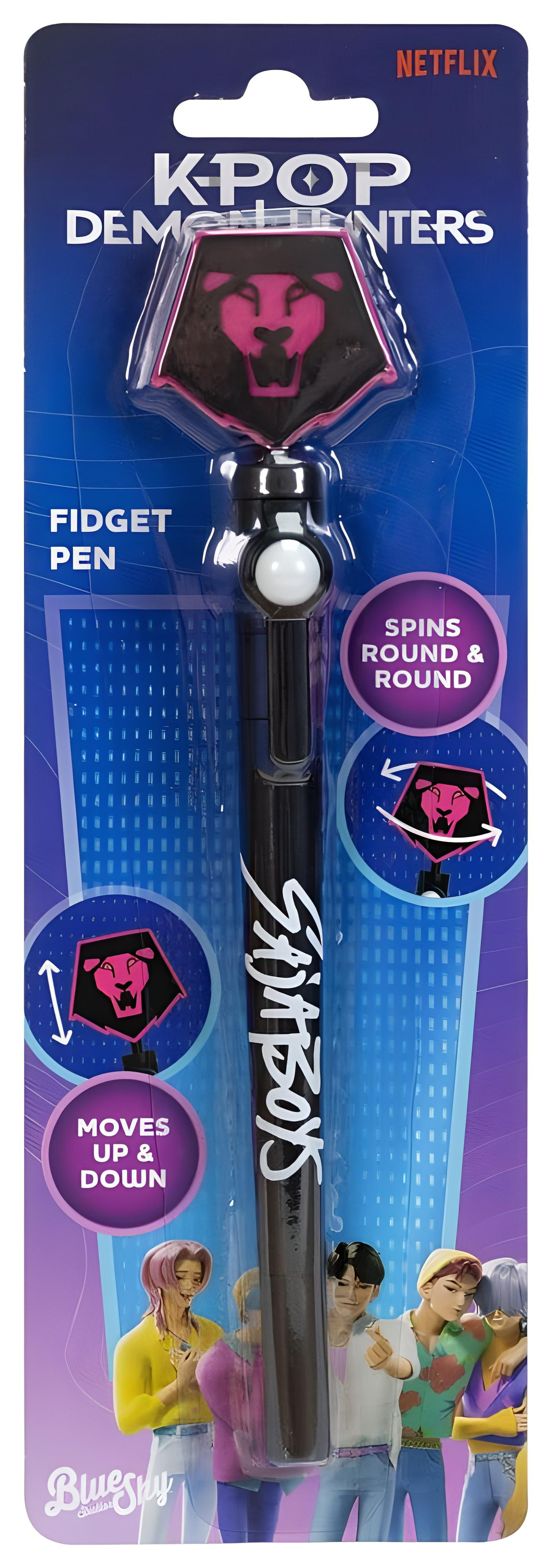 K-Pop Demon Hunters Fidget Pen in blauer Verpackung mit pinkem Löwenkopf und animierten Charakteren.