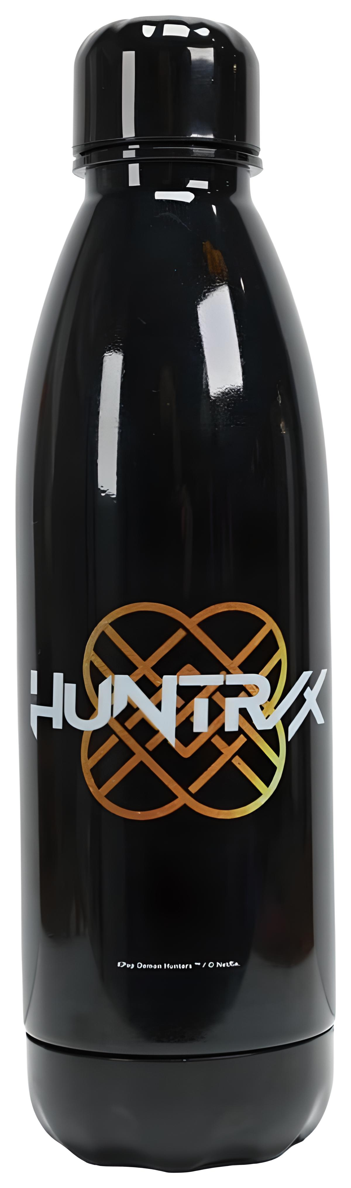 Eine glänzende schwarze Wasserflasche mit dem weißen Schriftzug HUNTRAX und einem orangefarbenen geflochtenen Muster.