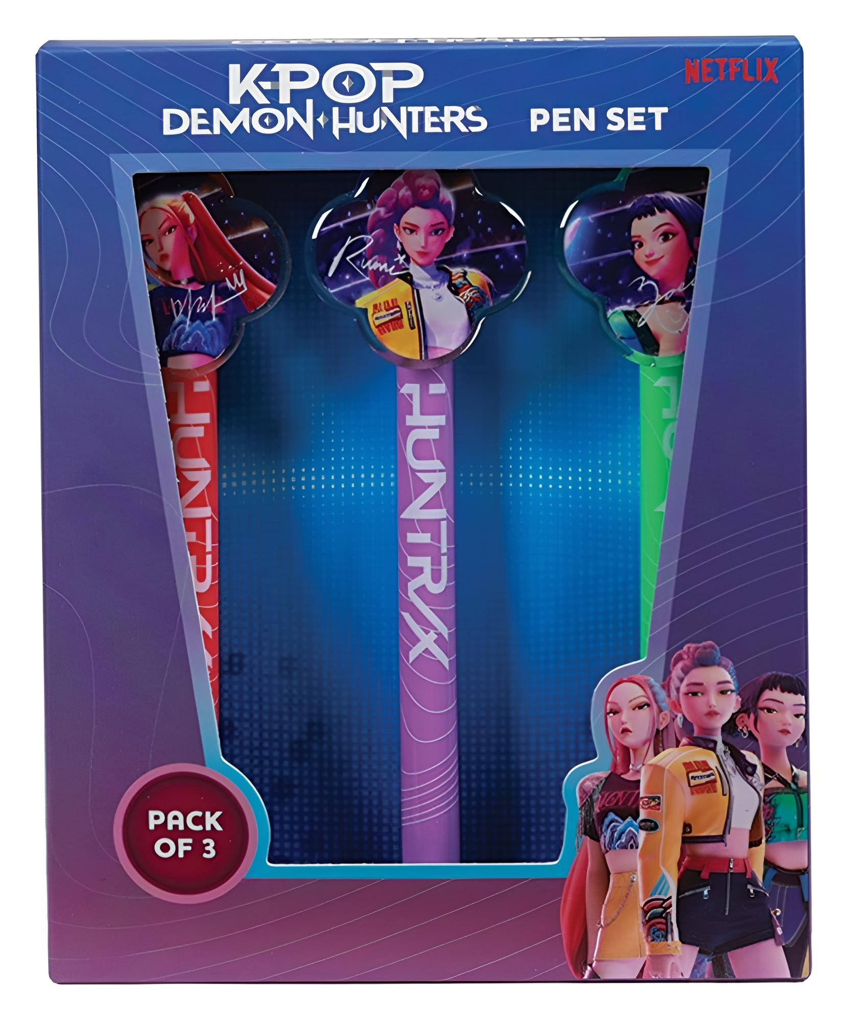 K-Pop Demon Hunters Stifte-Set in Verpackung mit drei bunten Stiften und Charaktergrafiken.