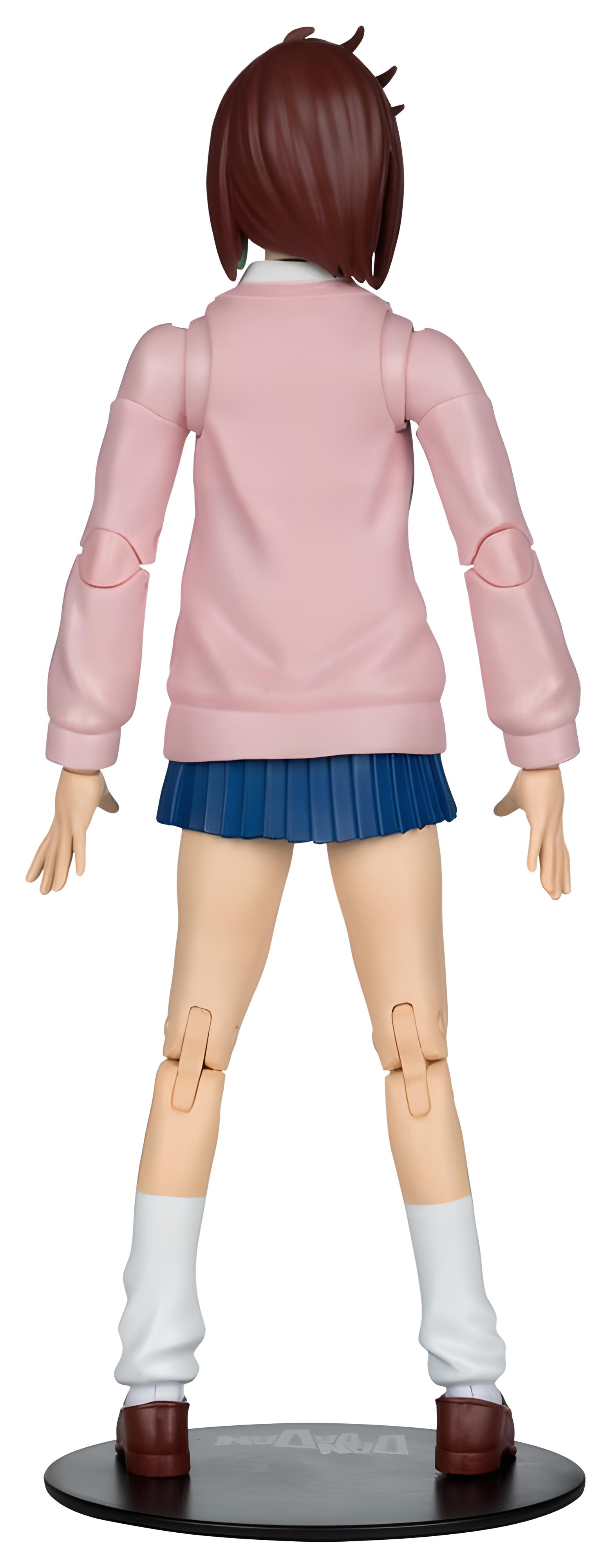 Rückansicht einer Anime-Figur in rosa Pullover und blauem Rock.