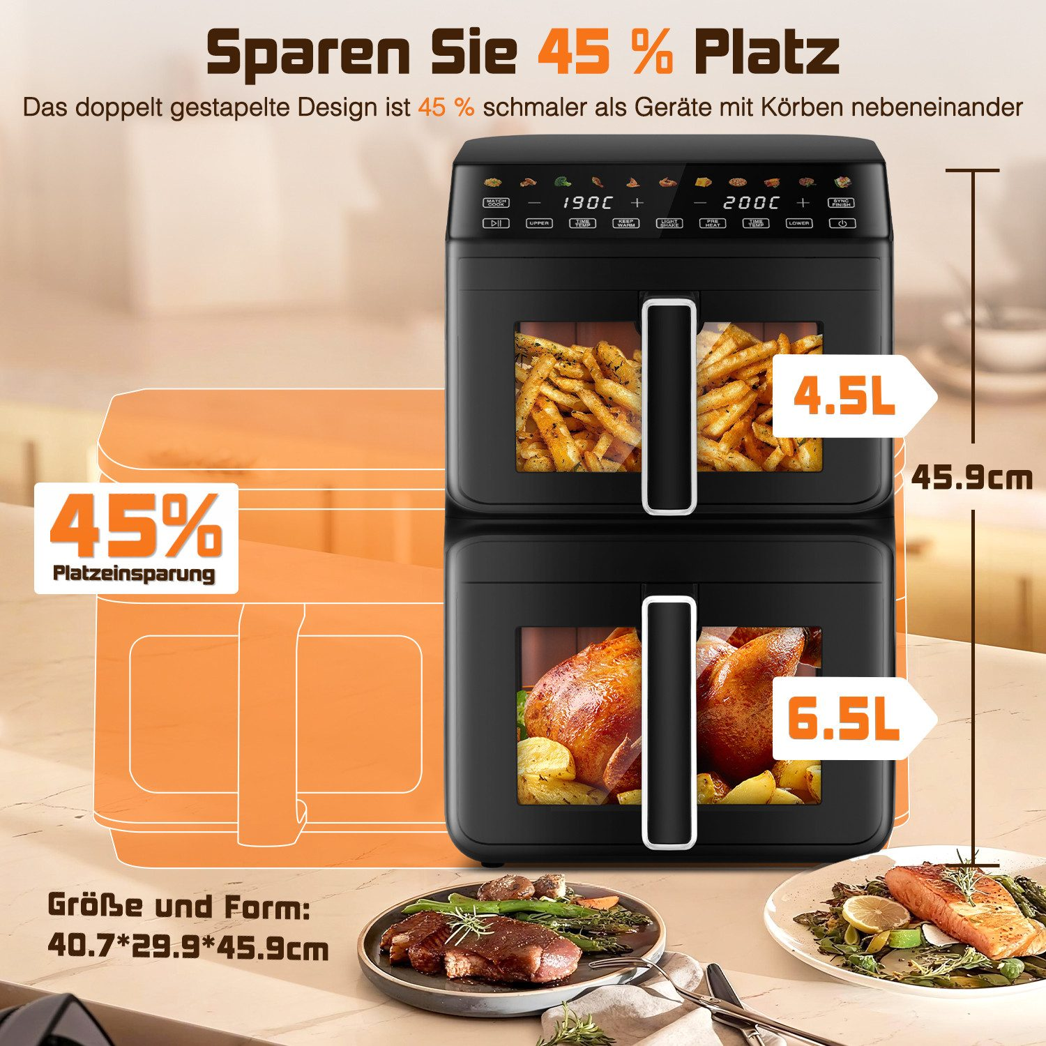 Schwarze Heißluftfritteuse mit zwei übereinandergestapelten Fächern und digitalem Bedienfeld auf der Arbeitsplatte.