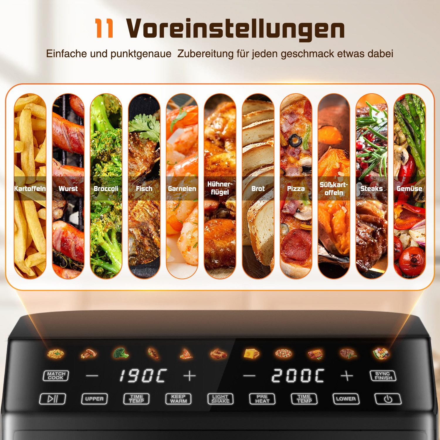 Luftfritteuse-Bedienfeld mit 11 Essensvoreinstellungen wie Pommes, Fisch und Steak mit Temperaturanzeige.