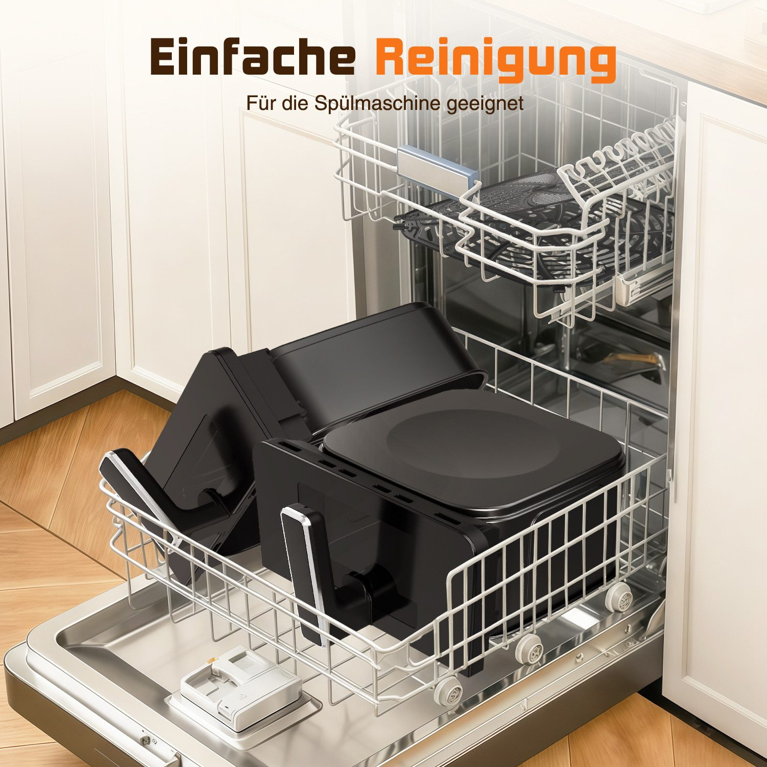 Geschirrspüler mit schwarzen Airfryer-Teilen im unteren Korb und Text über einfache Reinigung.