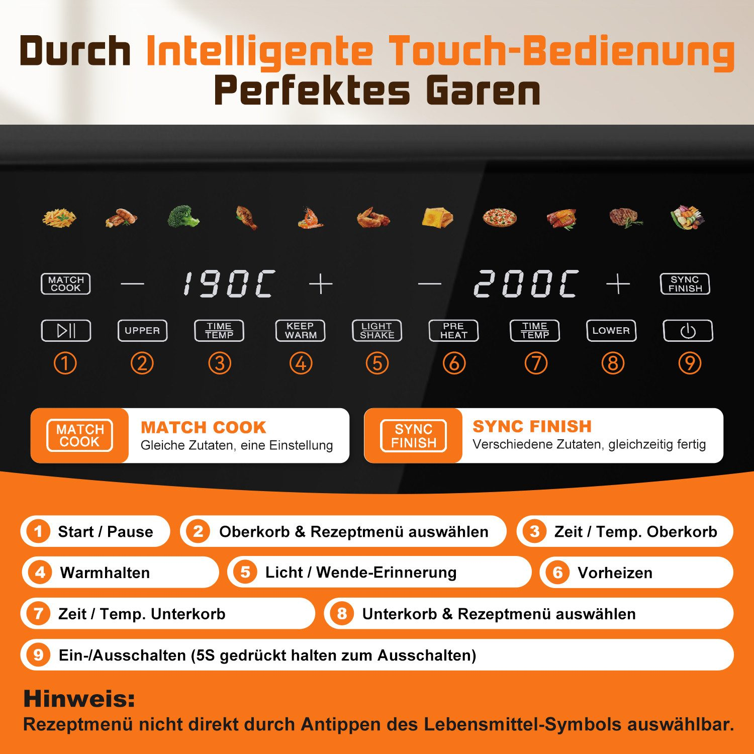 Bedienfeld einer Heißluftfritteuse mit Touch-Tasten, Displays und Funktionserklärungen für Ober- und Unterkorb.
