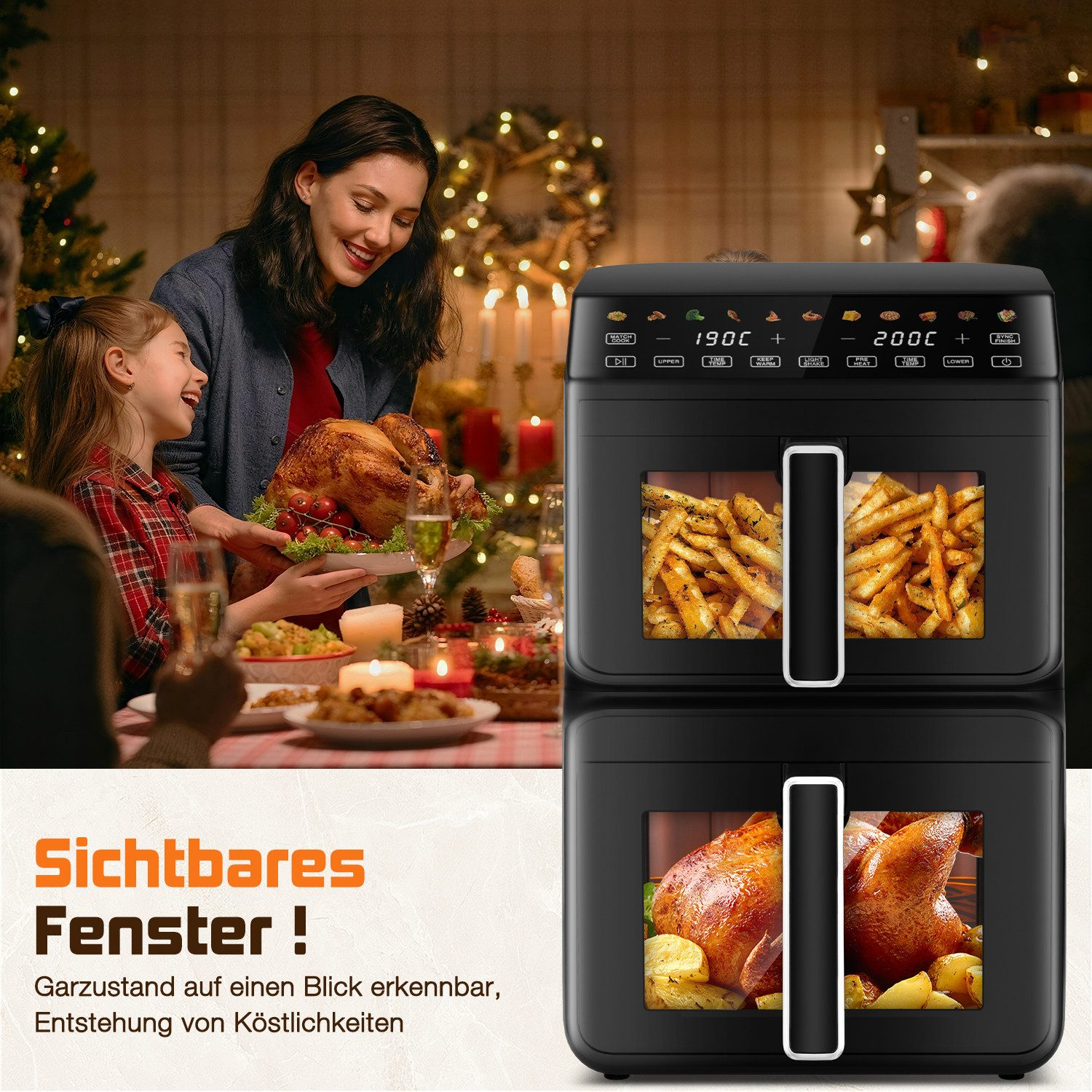 Eine schwarze Doppel-Heißluftfritteuse mit Sichtfenstern vor einer Familie bei einem festlichen Essen im Hintergrund.