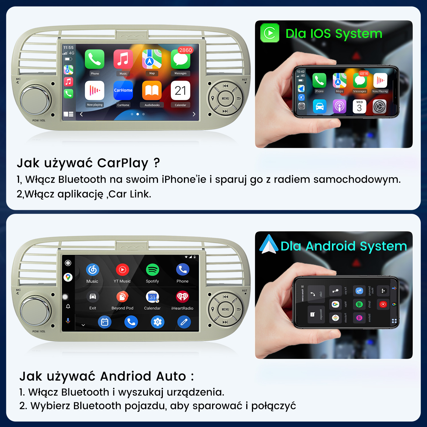 Instrukcja korzystania z CarPlay i Android Auto na radiu samochodowym ze smartfonem.