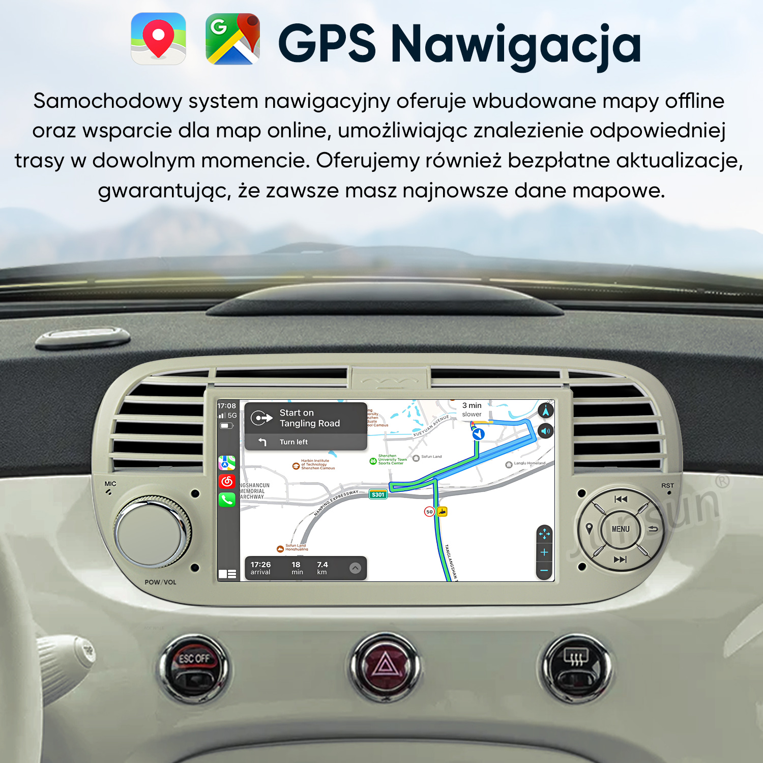 Samochodowy system nawigacji GPS z mapą ulic wyświetlaną na ekranie w aucie.