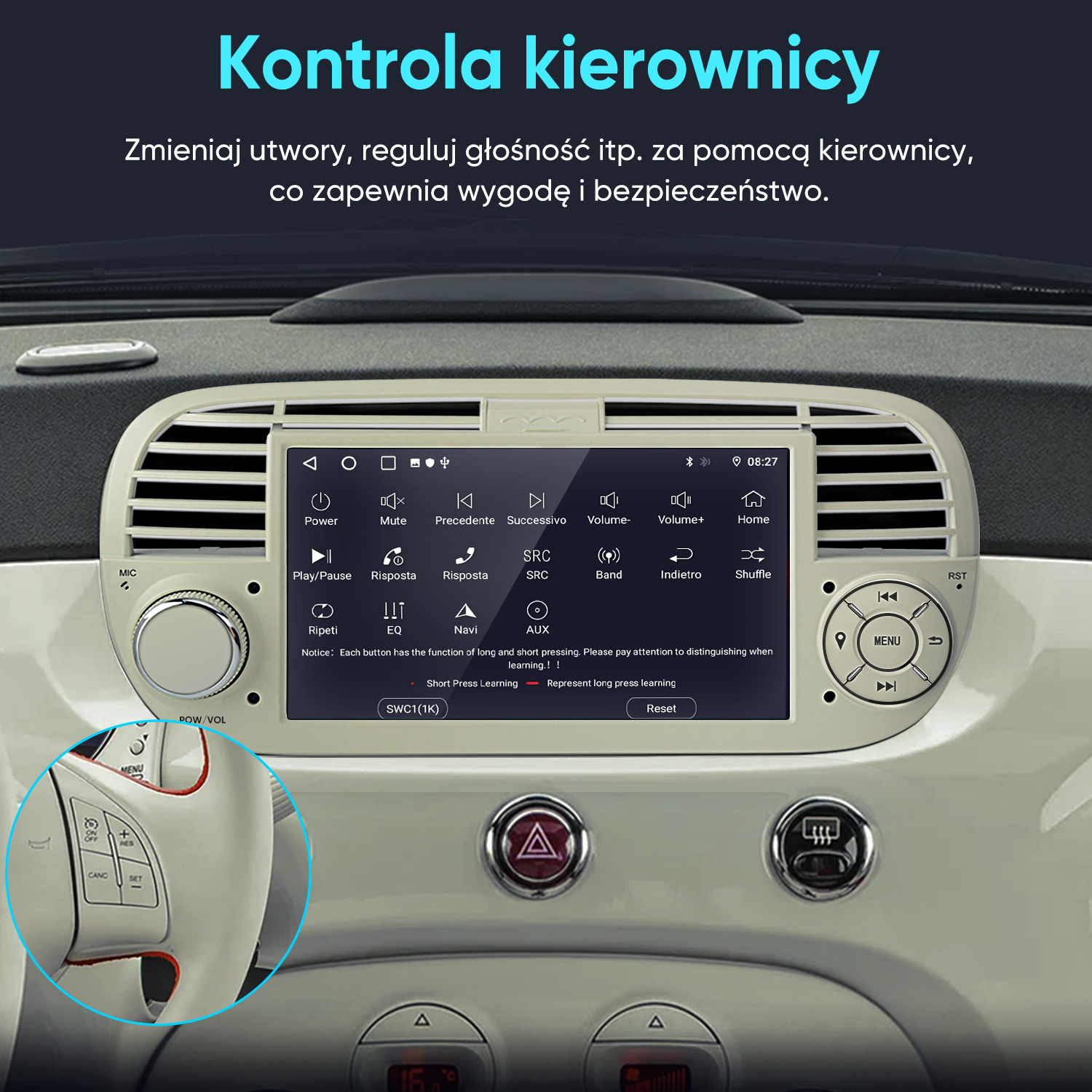 Wnętrze samochodu z wyświetlaczem multimedialnym i sterowaniem.