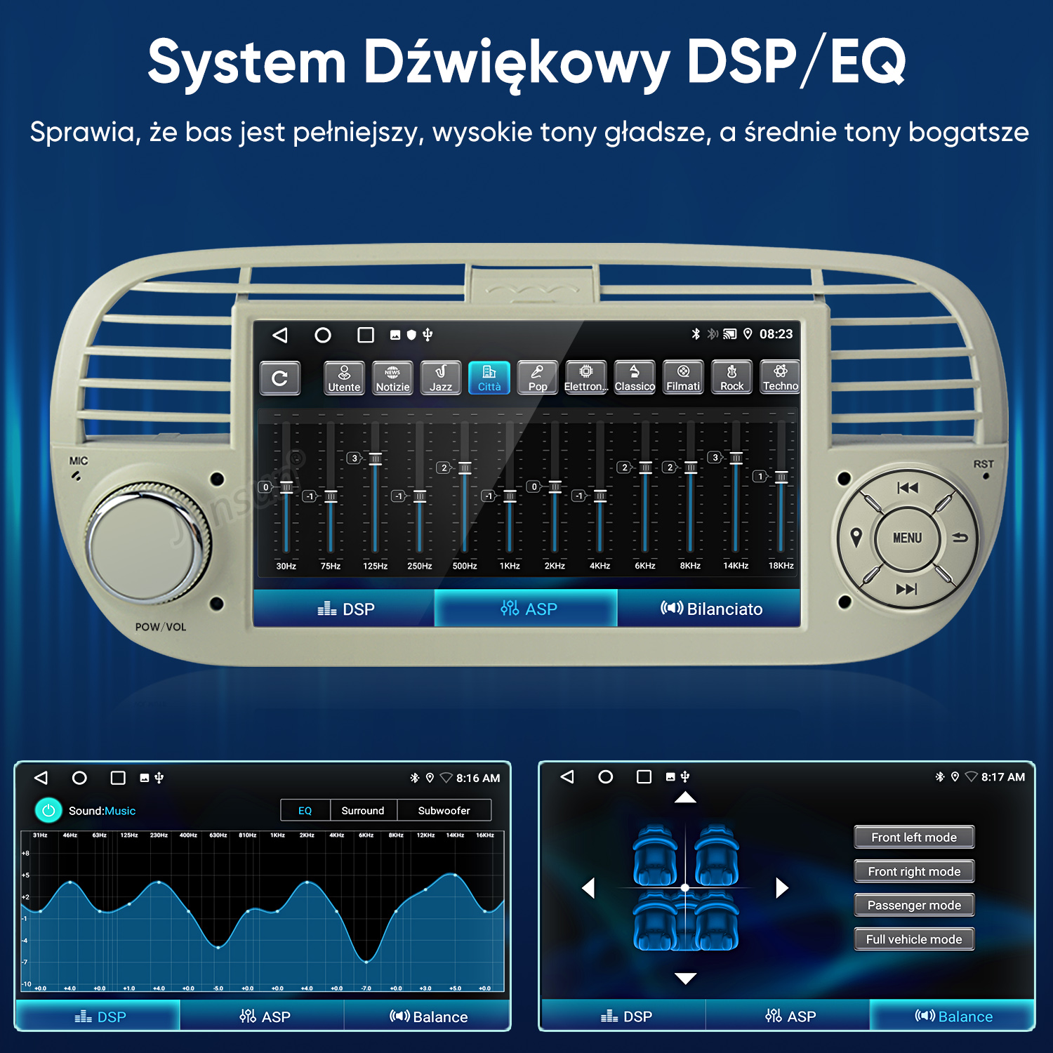 Radio samochodowe z ekranem korektora DSP, pokrętłem głośności i przyciskami.
