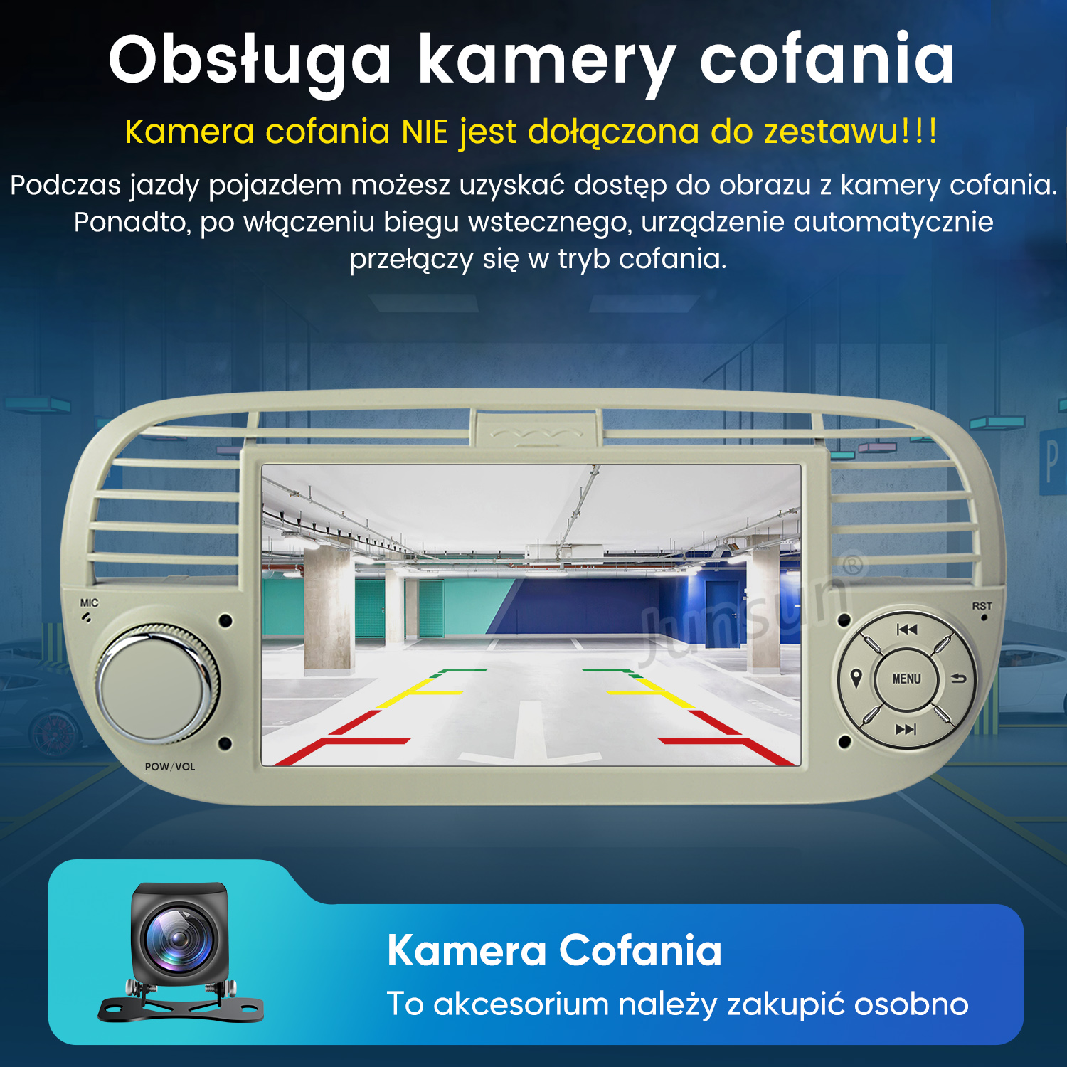 Ekran radia samochodowego pokazuje widok kamery cofania w garażu.