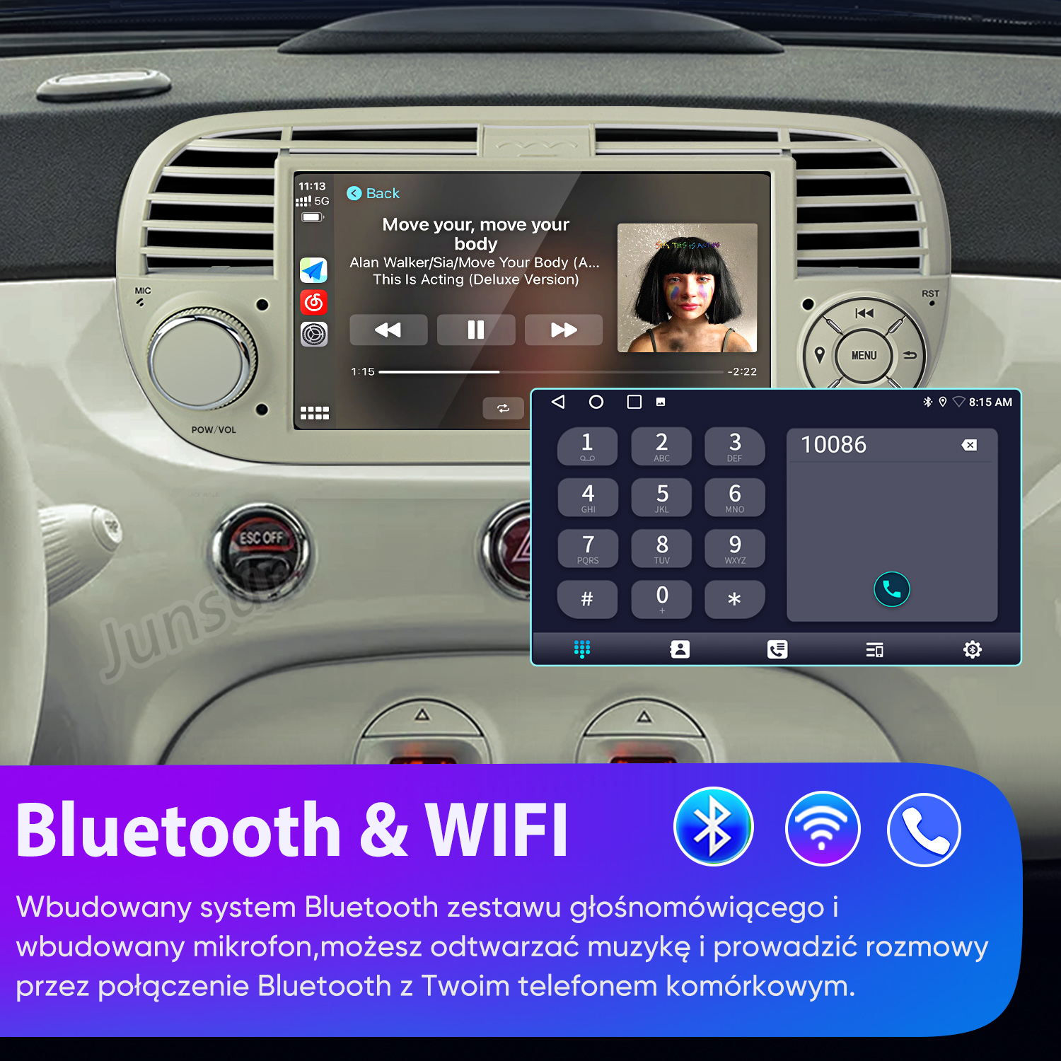 Deska rozdzielcza auta z cyfrowym wyświetlaczem, muzyką i klawiaturą telefonu, podkreślająca Bluetooth i Wi-Fi.