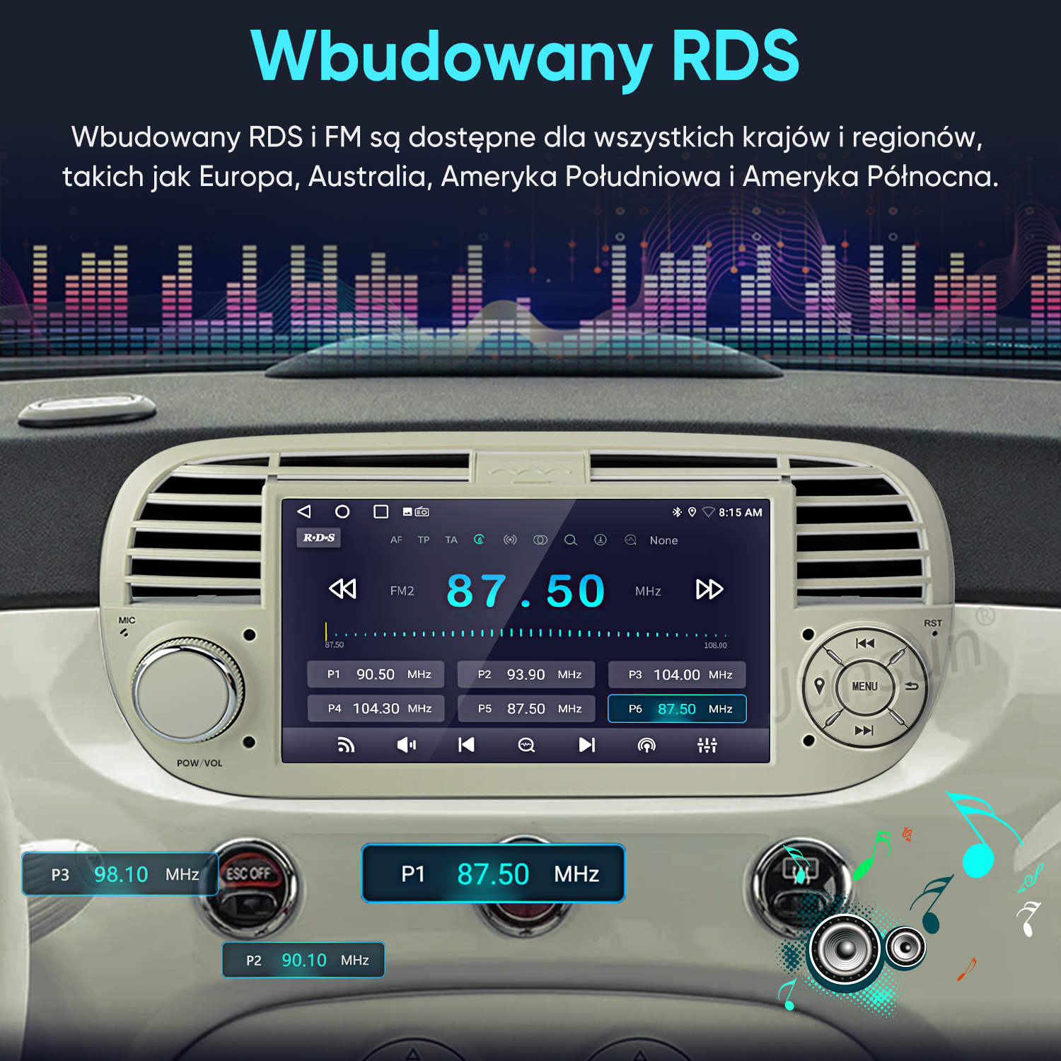 Deska rozdzielcza radia samochodowego z ekranem cyfrowym pokazującym FM 87,50 MHz i przyciskami sterującymi.