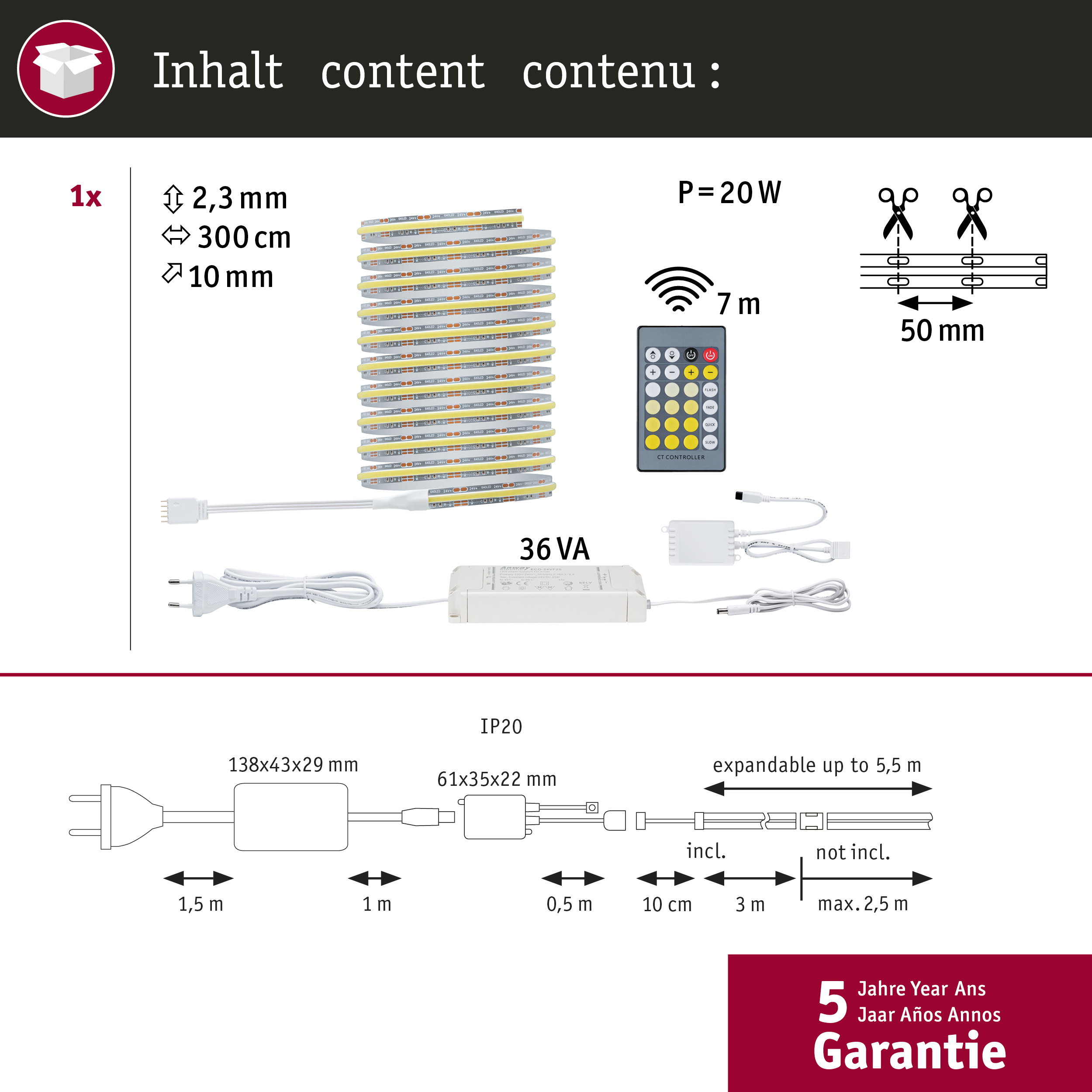 Zestaw taśmy LED z zasilaczem, pilotem, wymiarami, cięciem co 50mm i 5-letnią gwarancją.