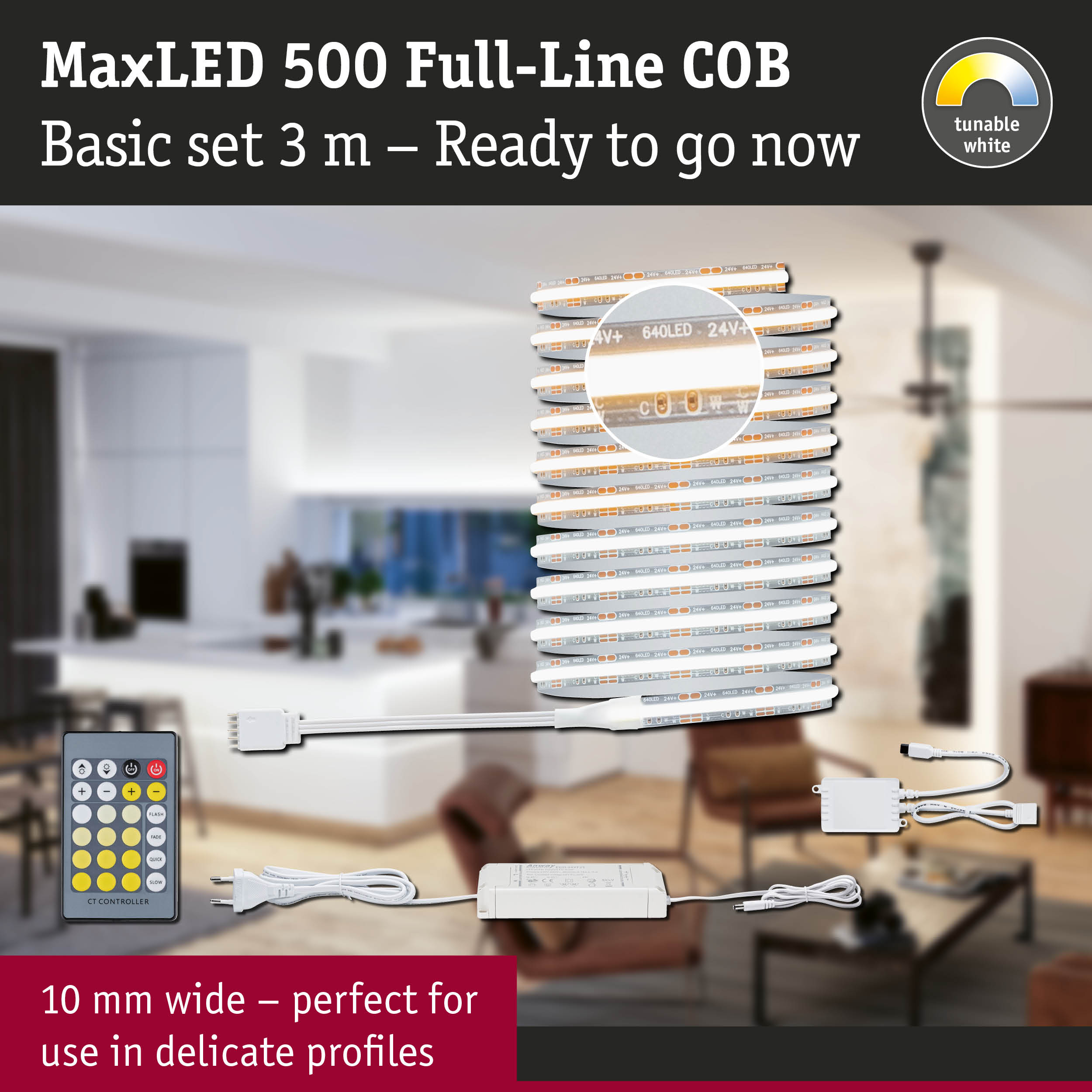 Zestaw taśmy LED MaxLED 500 COB z pilotem, zasilaczem i sterownikiem.