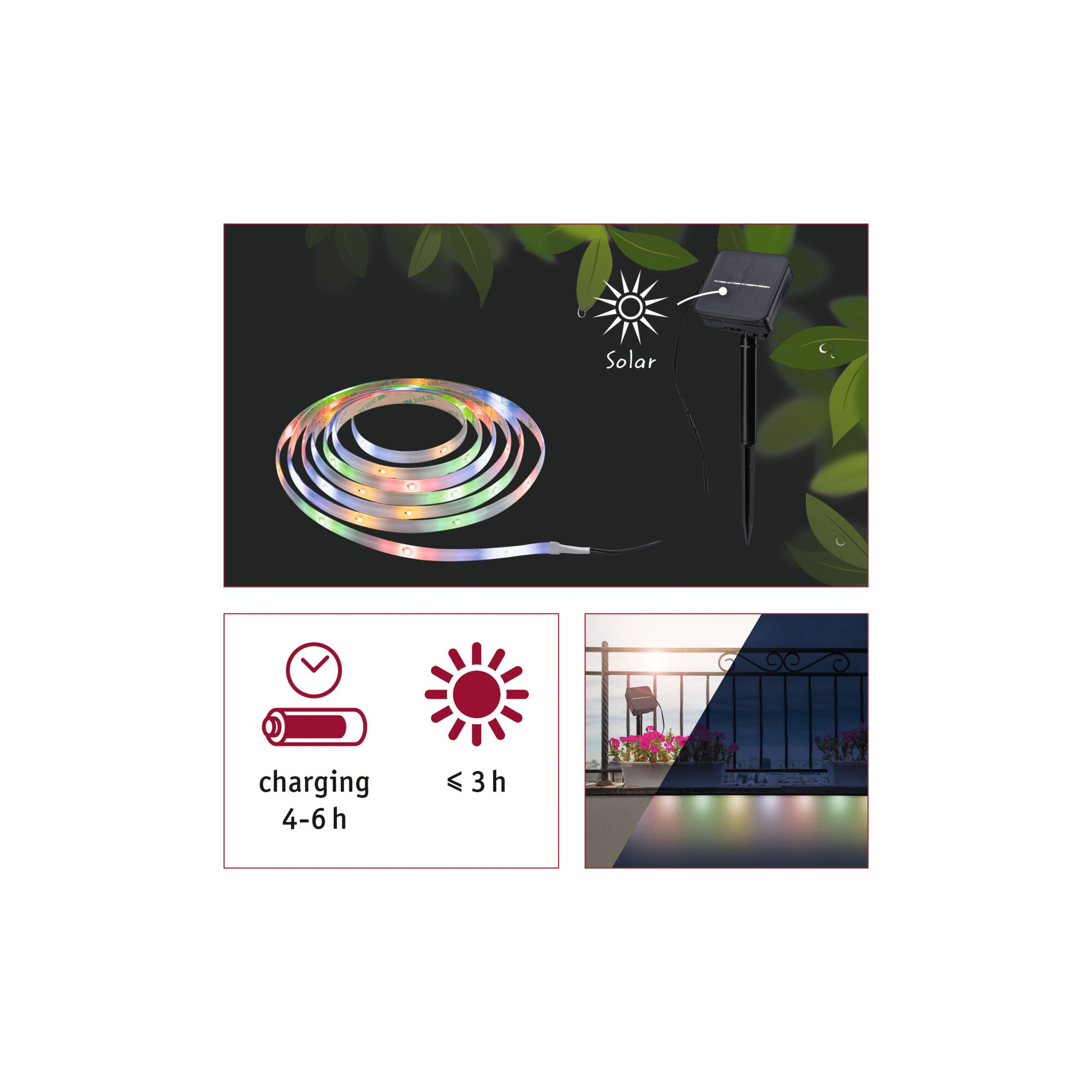 Solar-LED-Stripe mit Solarmodul, Ladezeit 4-6 Stunden und 3 Stunden Betriebszeit an einem Balkon.