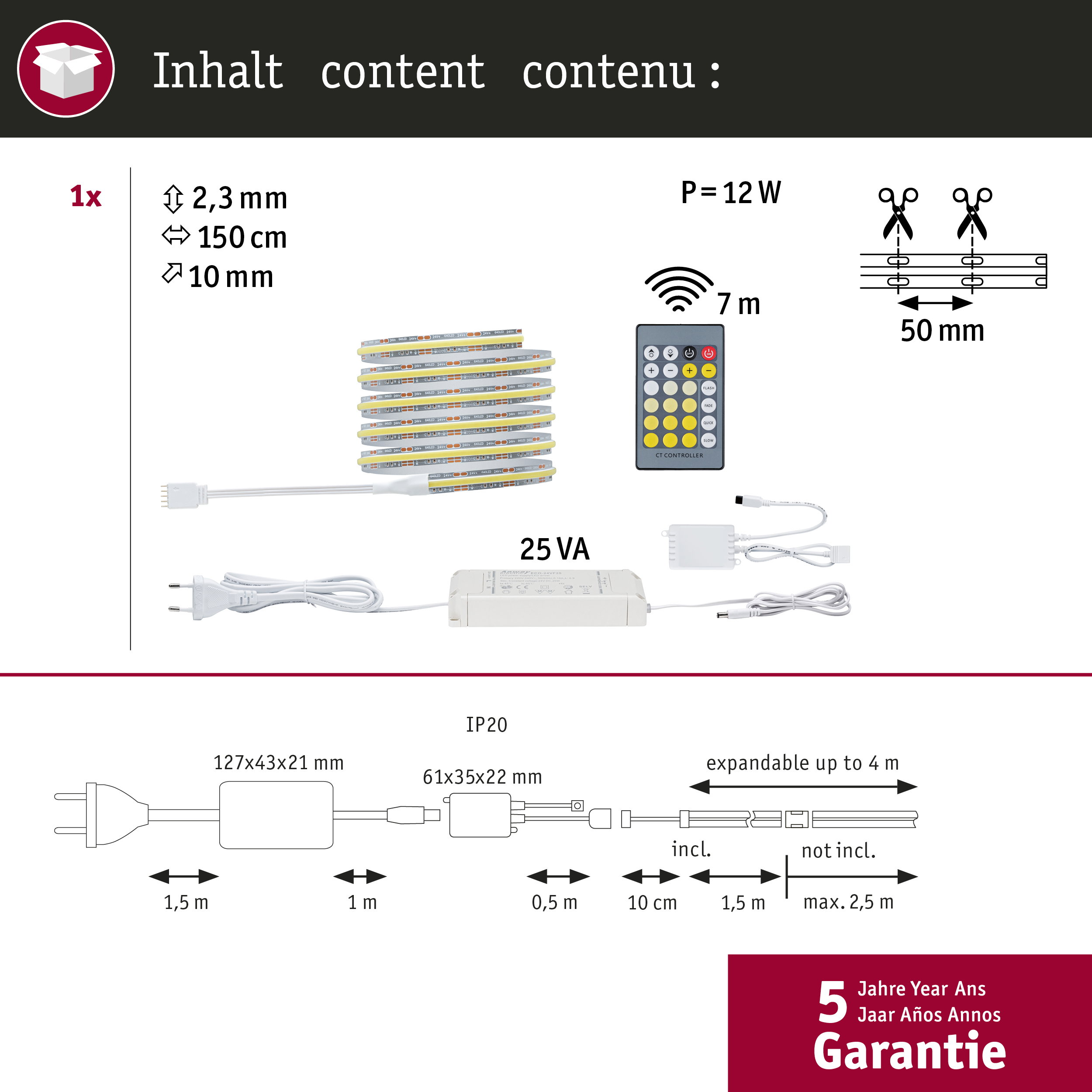 Zawartość produktu z taśmą LED, pilotem, zasilaczem i schematem technicznym.